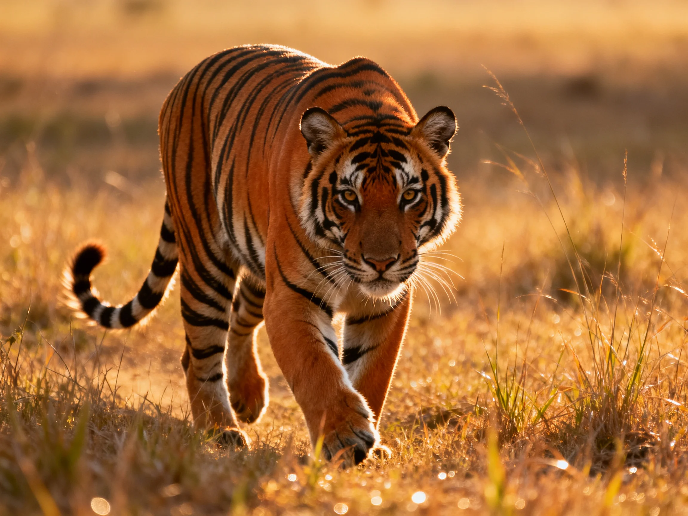 An orange tiger walks purposefully through sunlit grassy terrain.