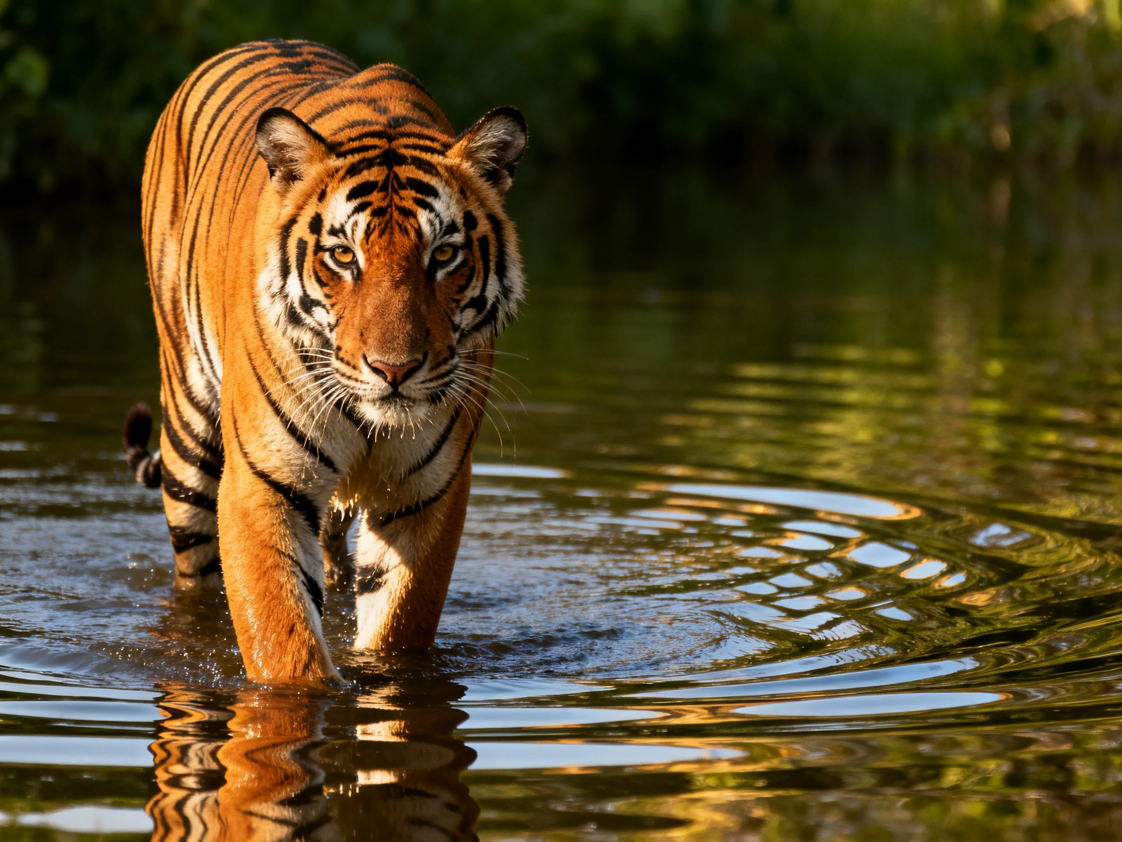 A majestic orange tiger wades through calm, reflective water