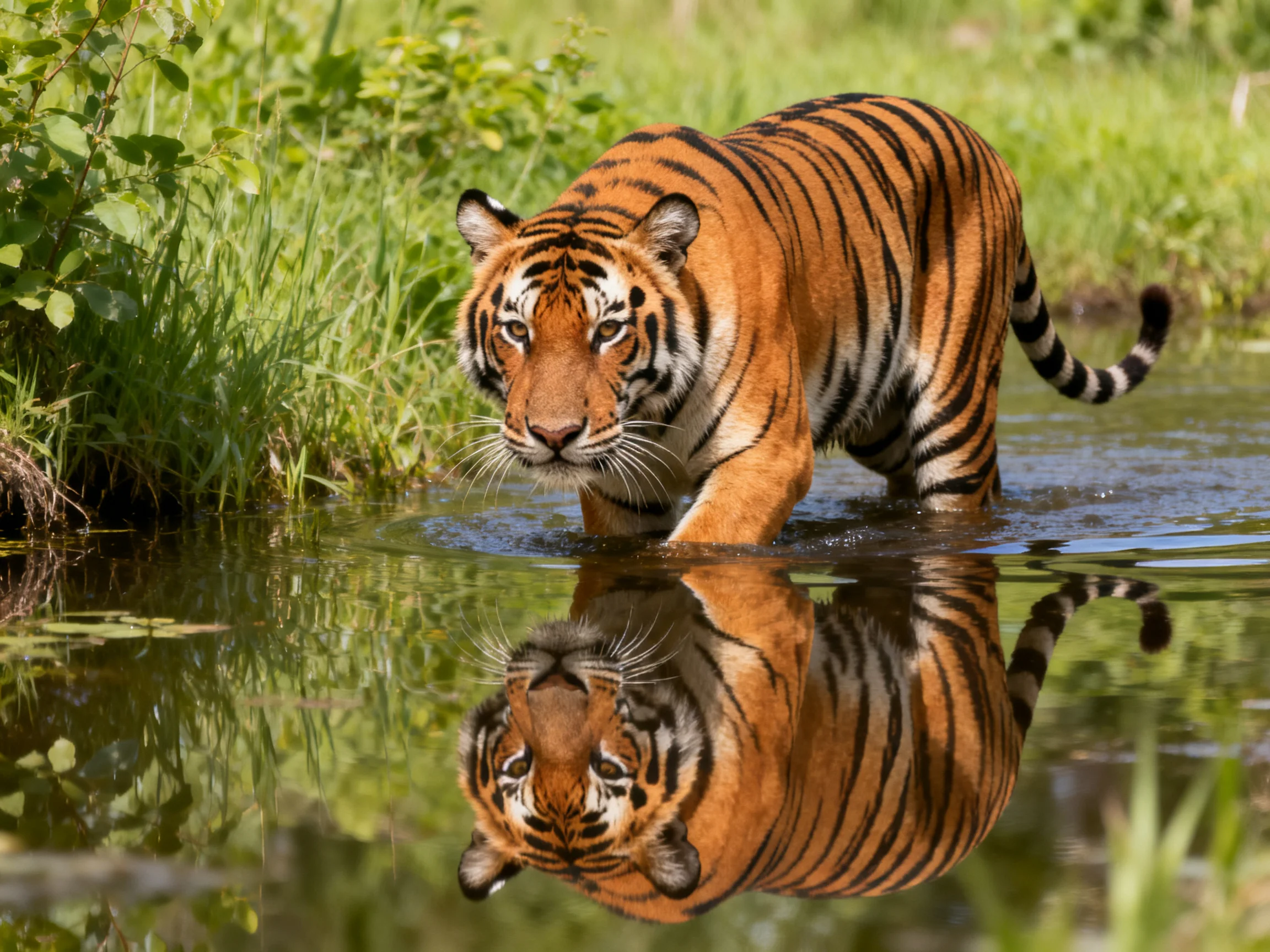 A majestic orange tiger wades through calm water with a clear reflection