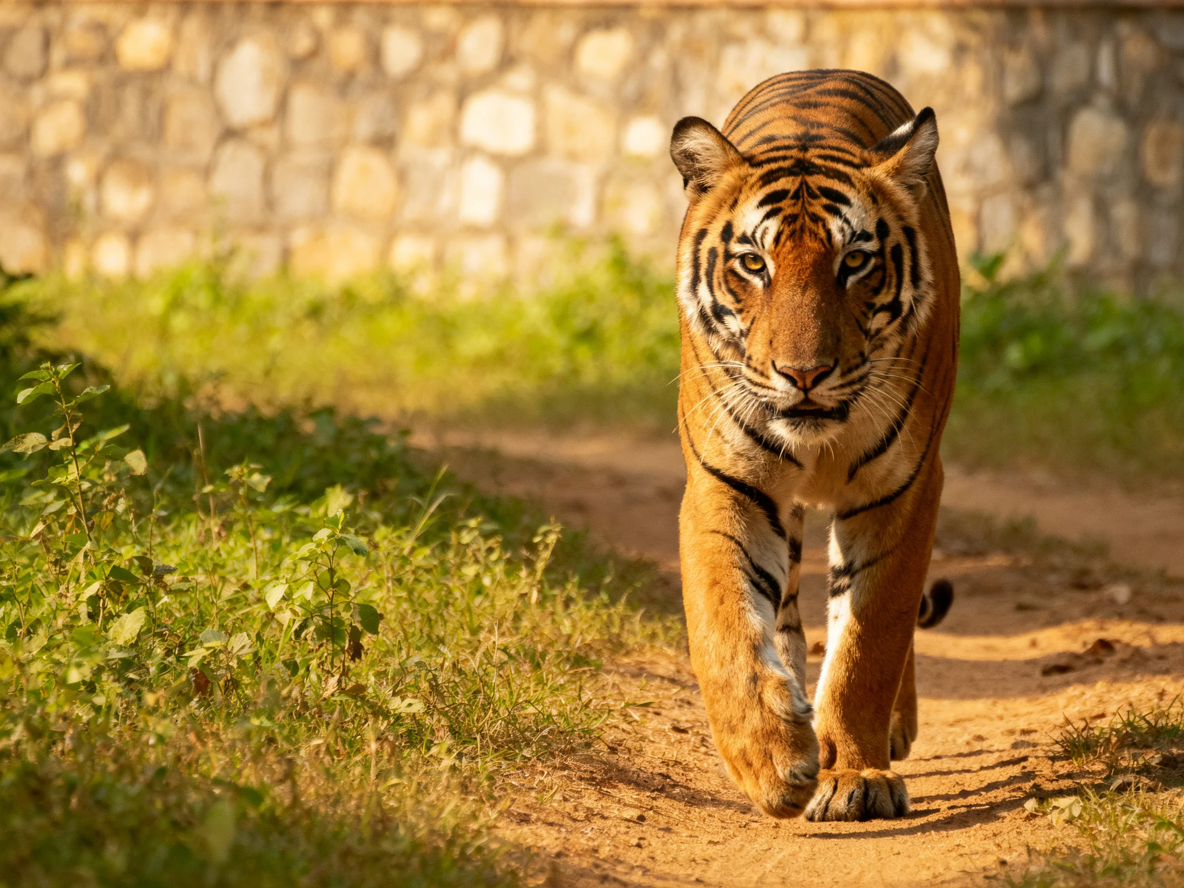 A majestic orange tiger moves forward on a dirt path next to greenery and a stone wall.