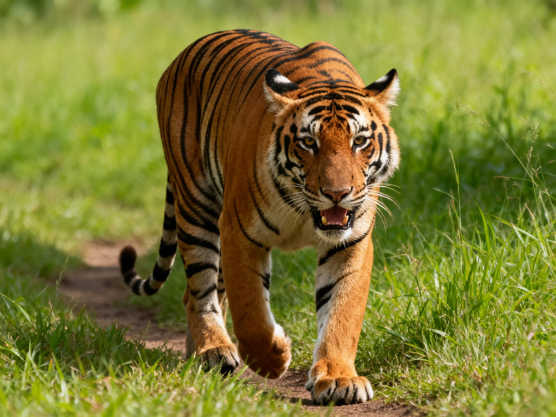 An orange tiger confidently strides on a dirt path amid tall green grass.