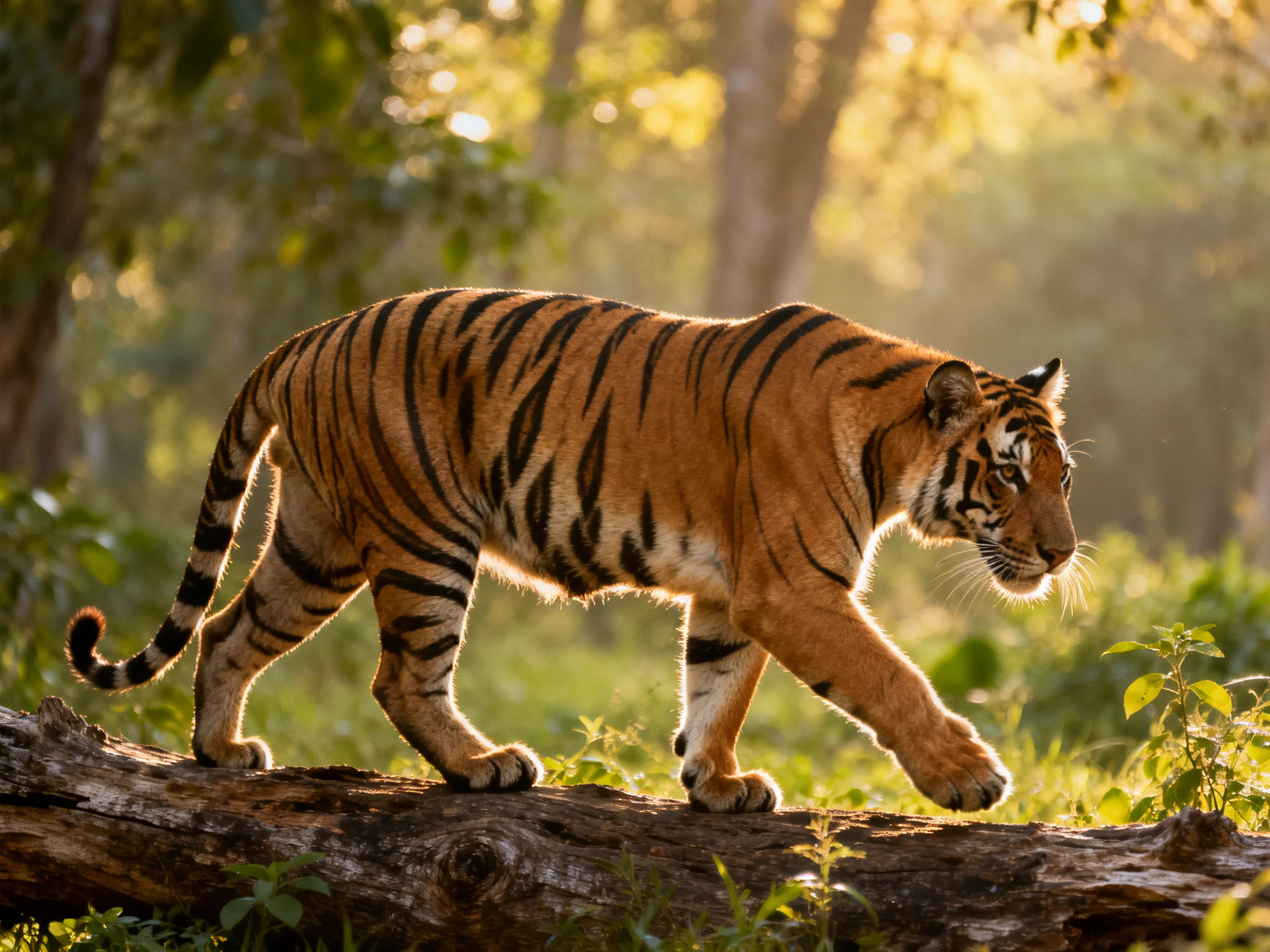 An orange tiger with black stripes crosses a log in a sunlit forest.