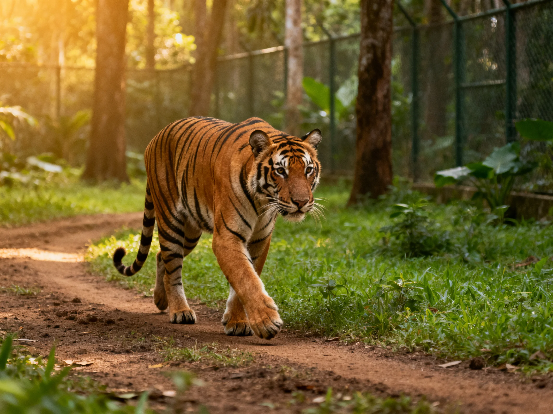 An orange tiger with black stripes walks along a sunlit forest path.