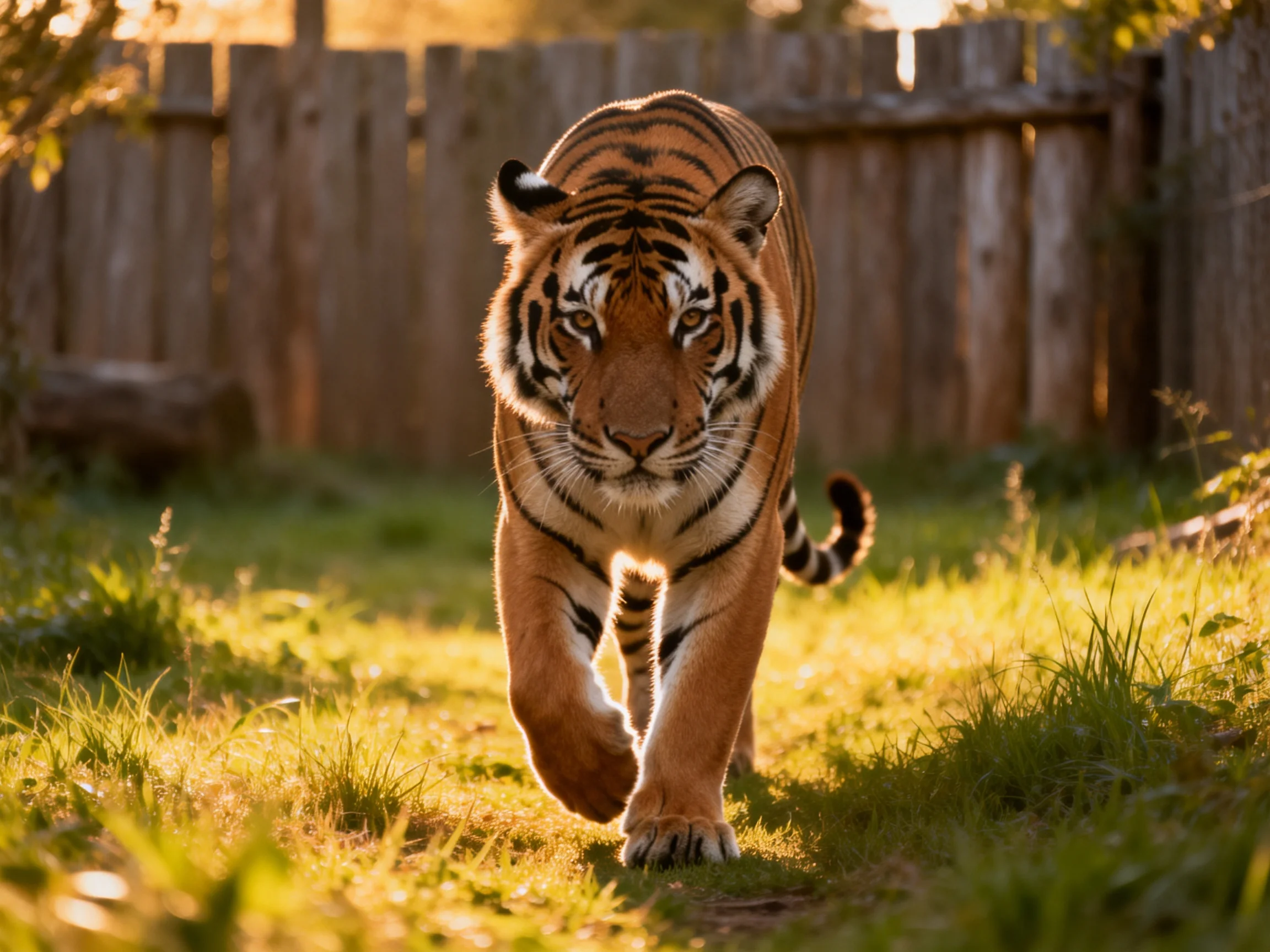 An orange tiger walks toward the viewer near a wooden fence in a sunlit area.