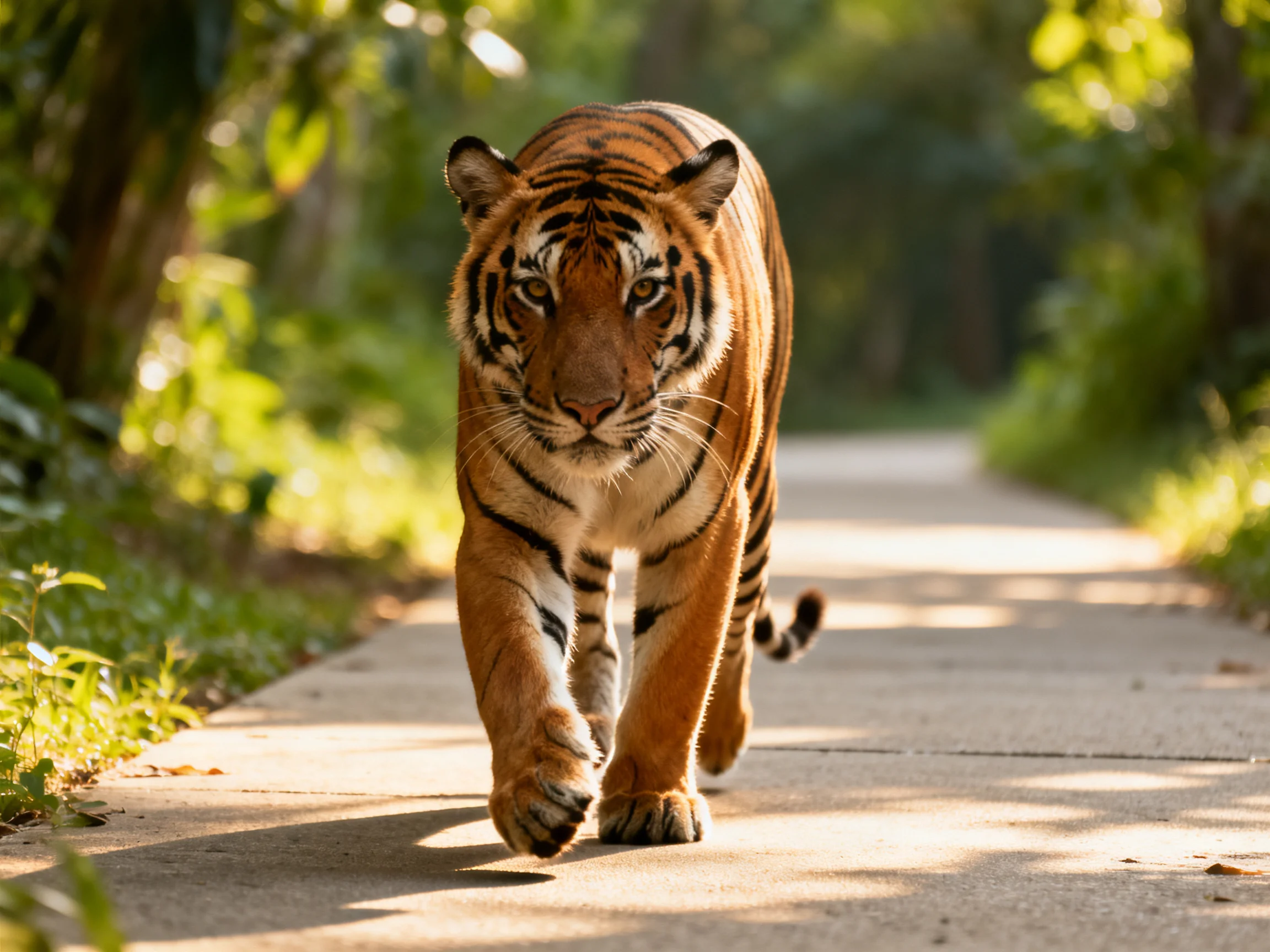 A tiger walks forward on a sunlit path surrounded by greenery.