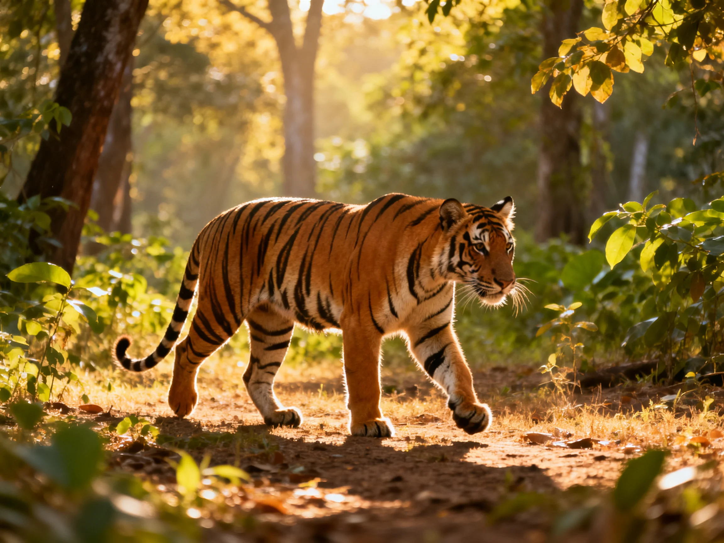 An orange tiger walks through a sunlit forest path.