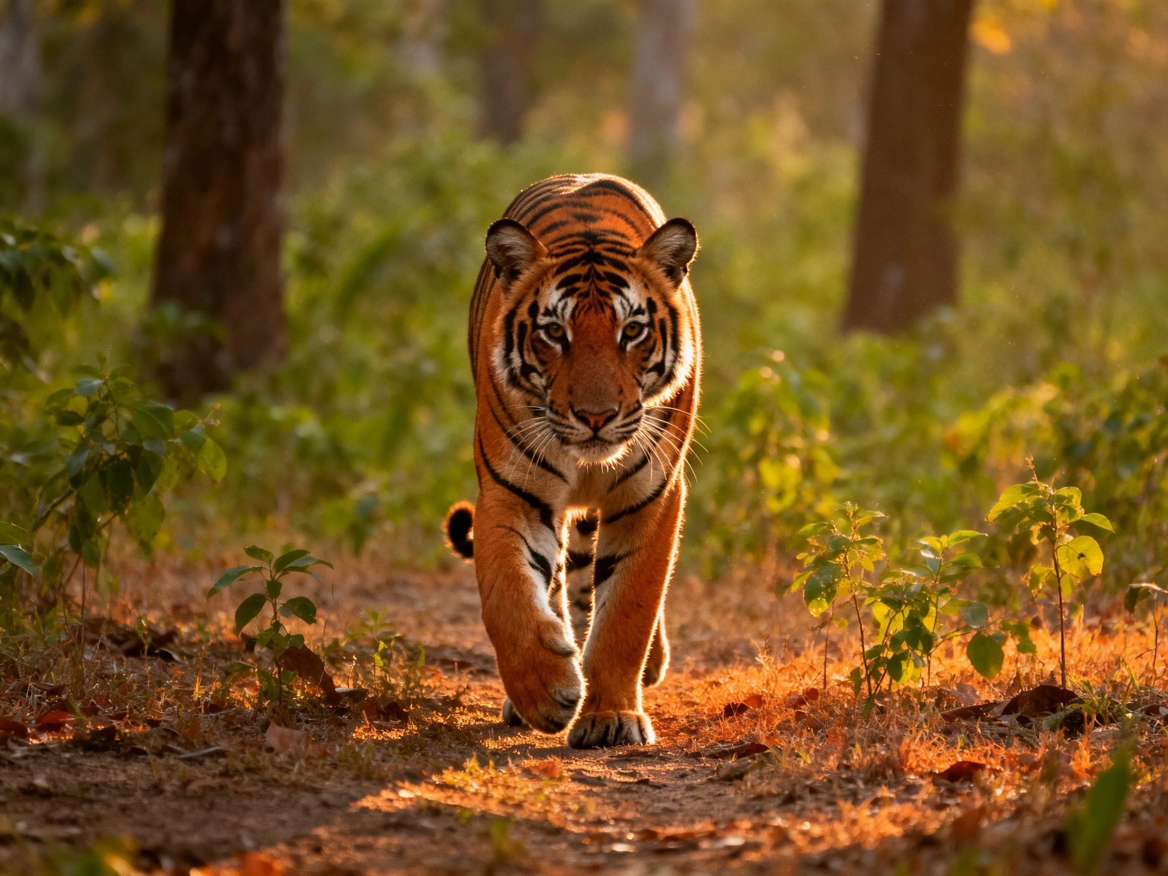 A tiger moves along a sunlit forest path.