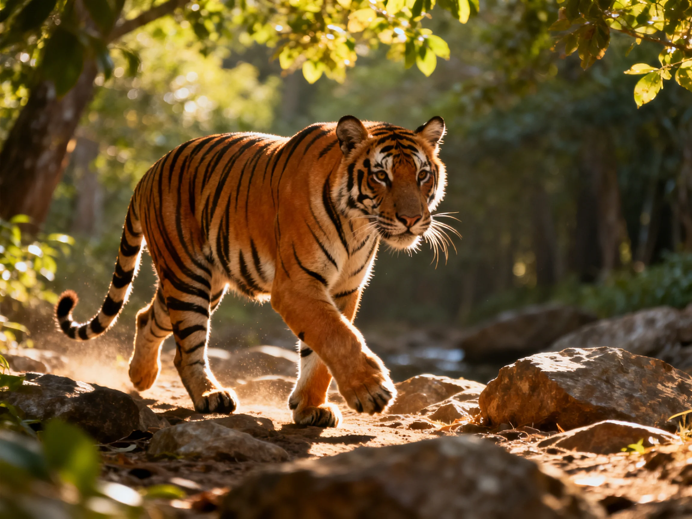 An orange tiger moves through a sunlit rocky forest