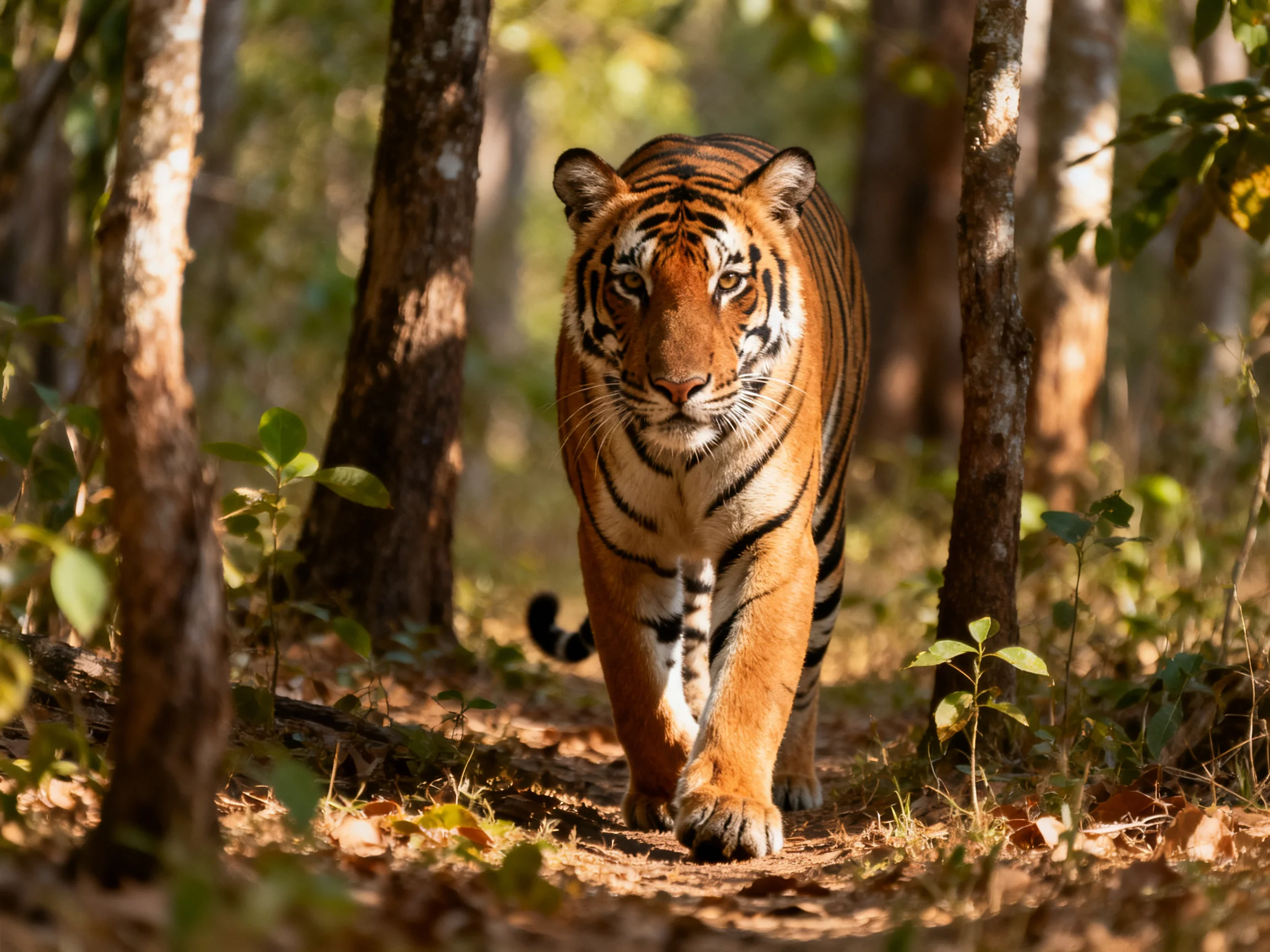 An orange tiger moves steadily along a sunlit forest path surrounded by tall trees.
