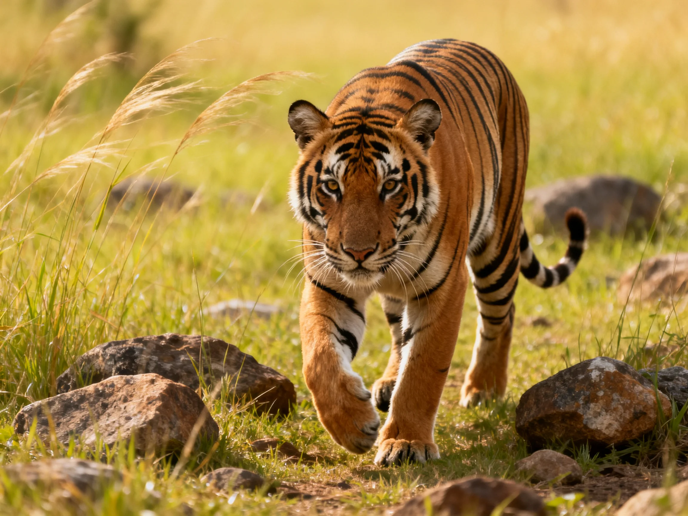 An orange tiger walks purposefully among rocks in a grassy field