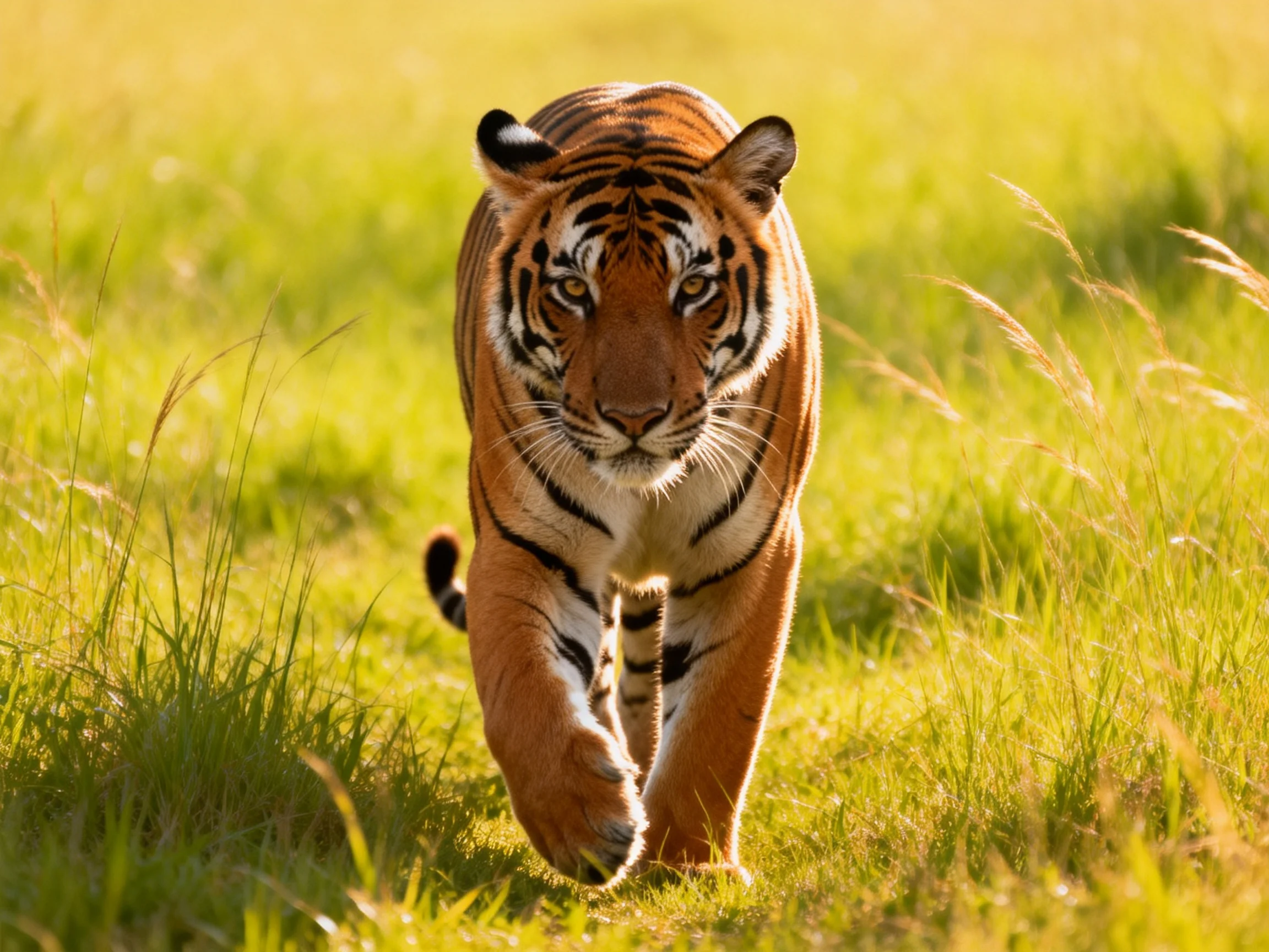 An orange tiger walks purposefully through a sunlit meadow of tall grass.