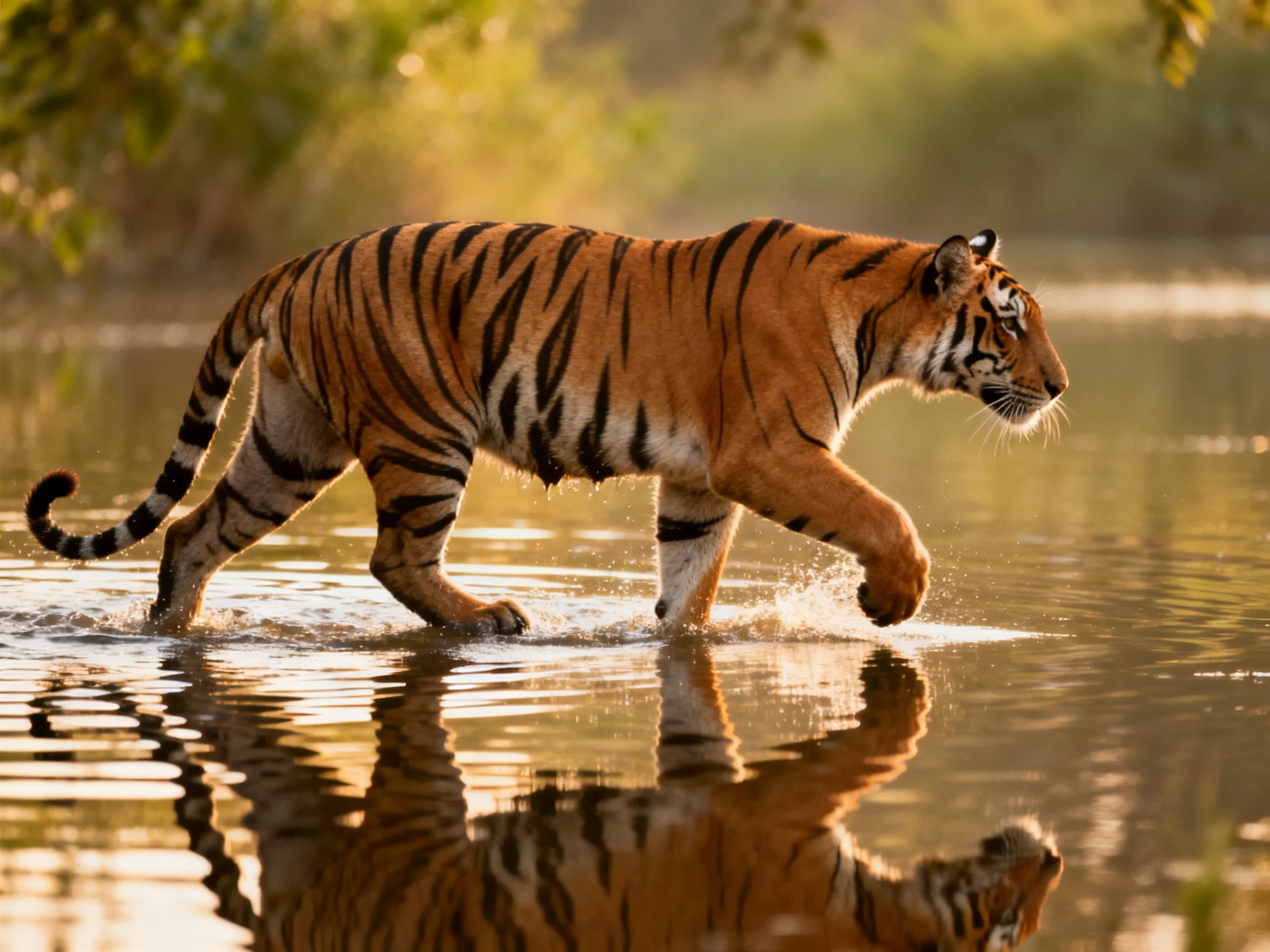 An orange tiger with black stripes moves through shallow water in nature.