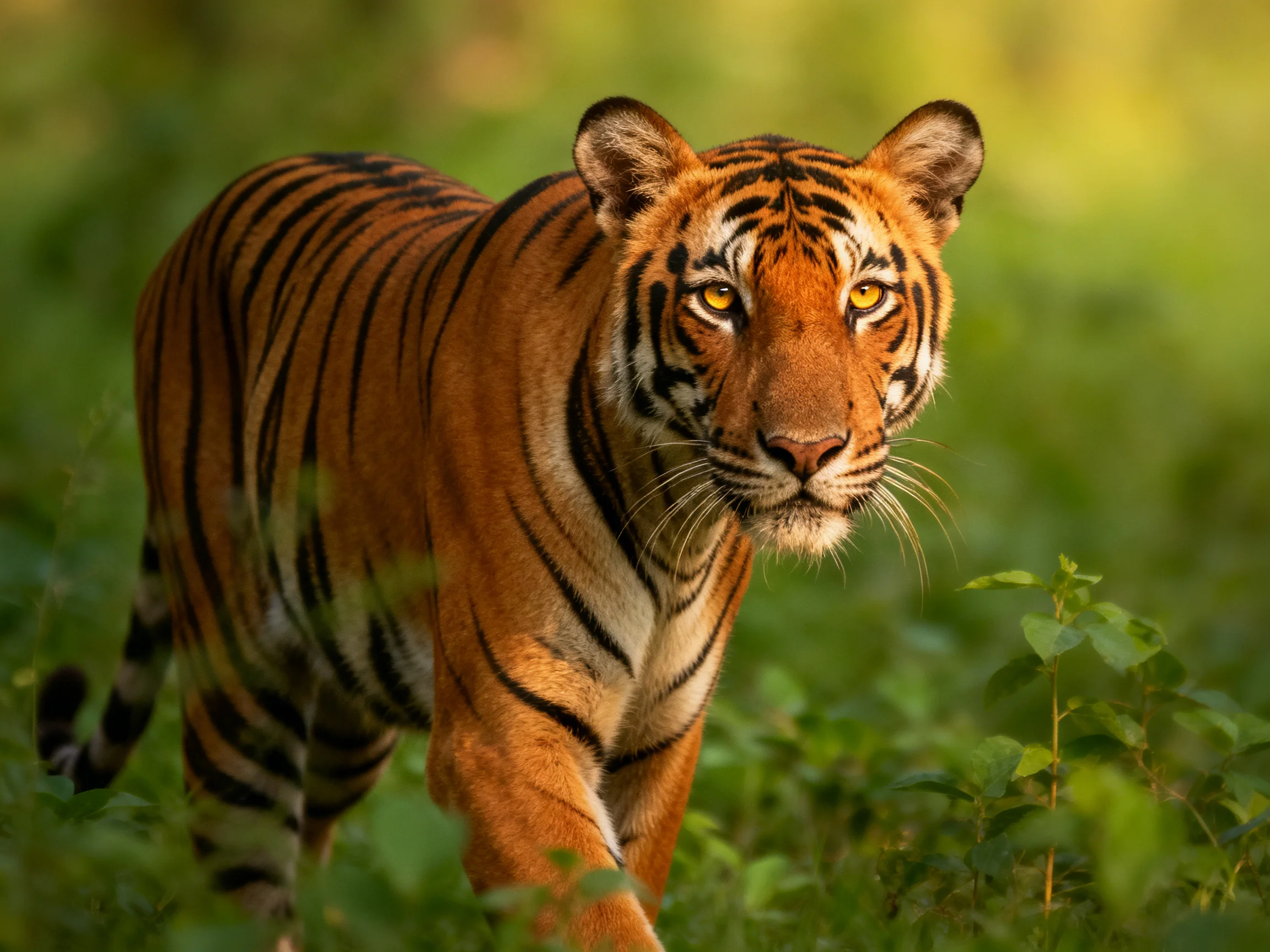 An orange tiger with black stripes moves through dense green vegetation.