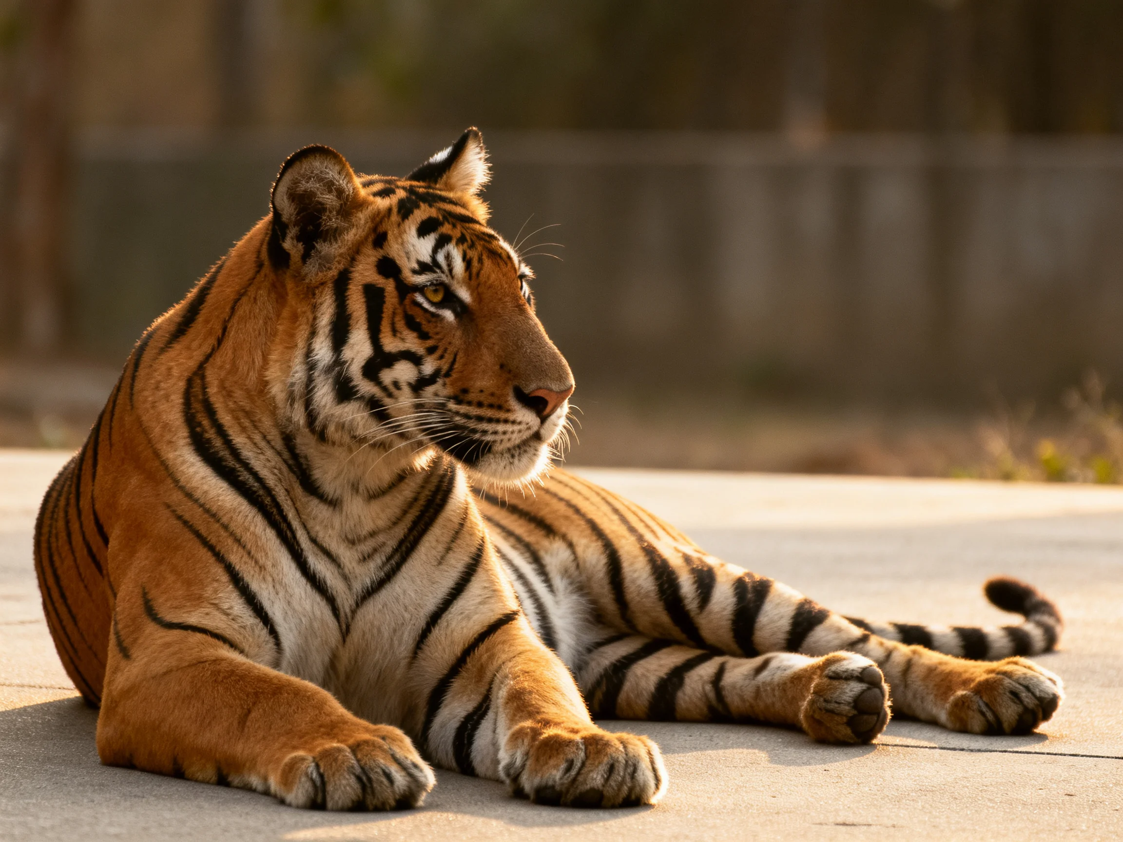 An orange tiger with black stripes relaxes on a concrete surface.