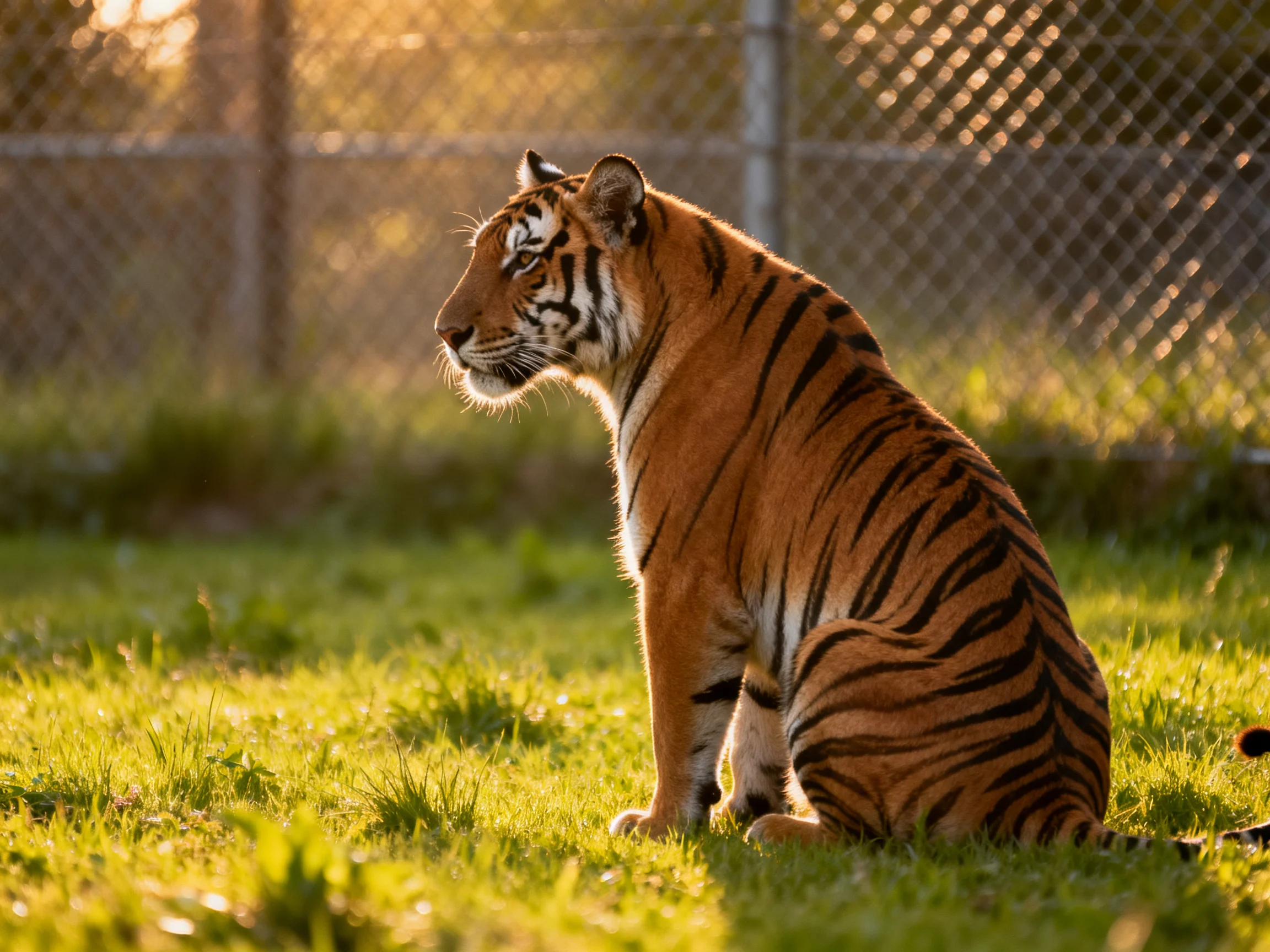 An orange tiger with black stripes sits on grass near a chain-link fence.