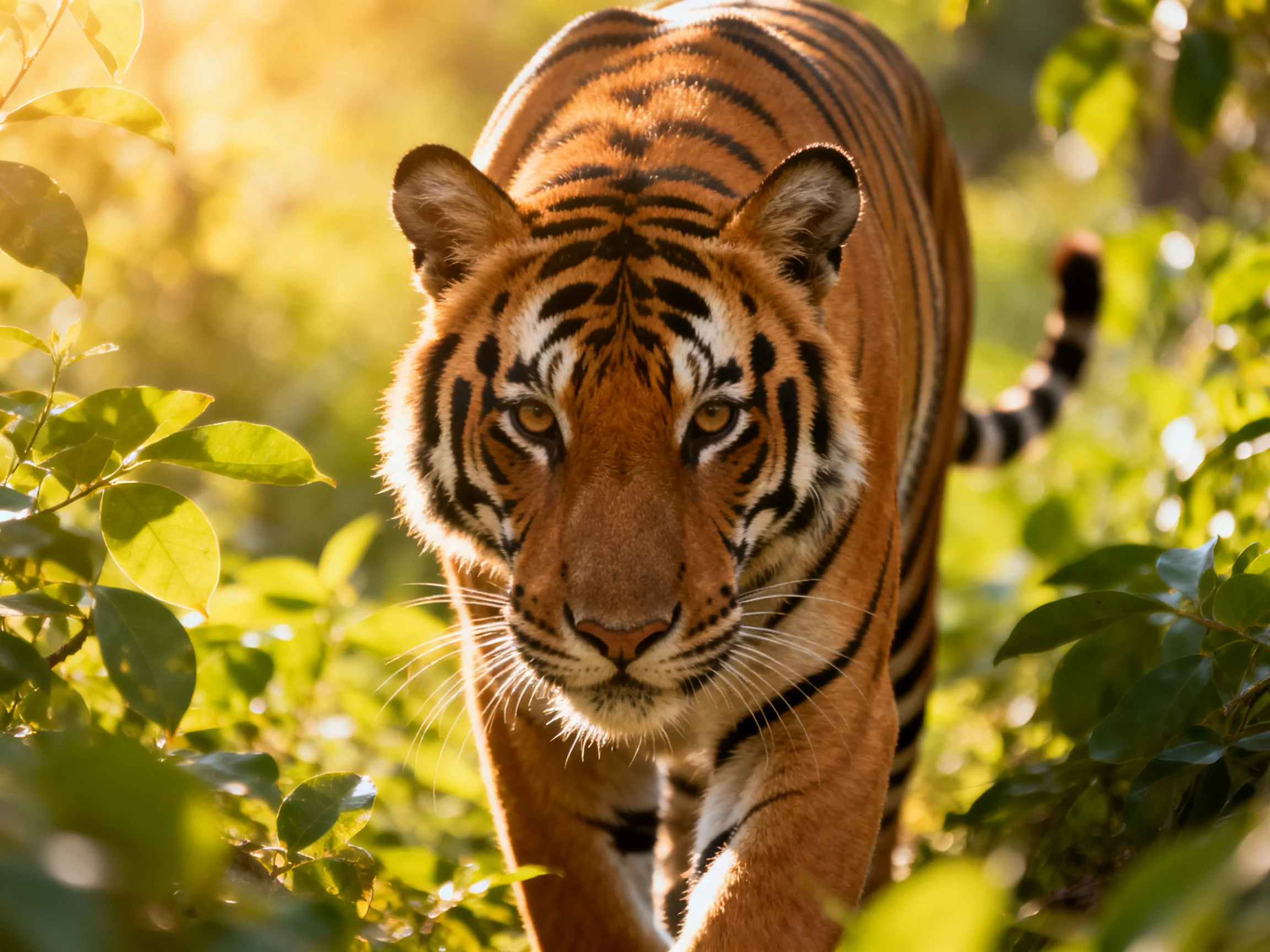 An orange tiger with black stripes moves through sunlit green foliage.