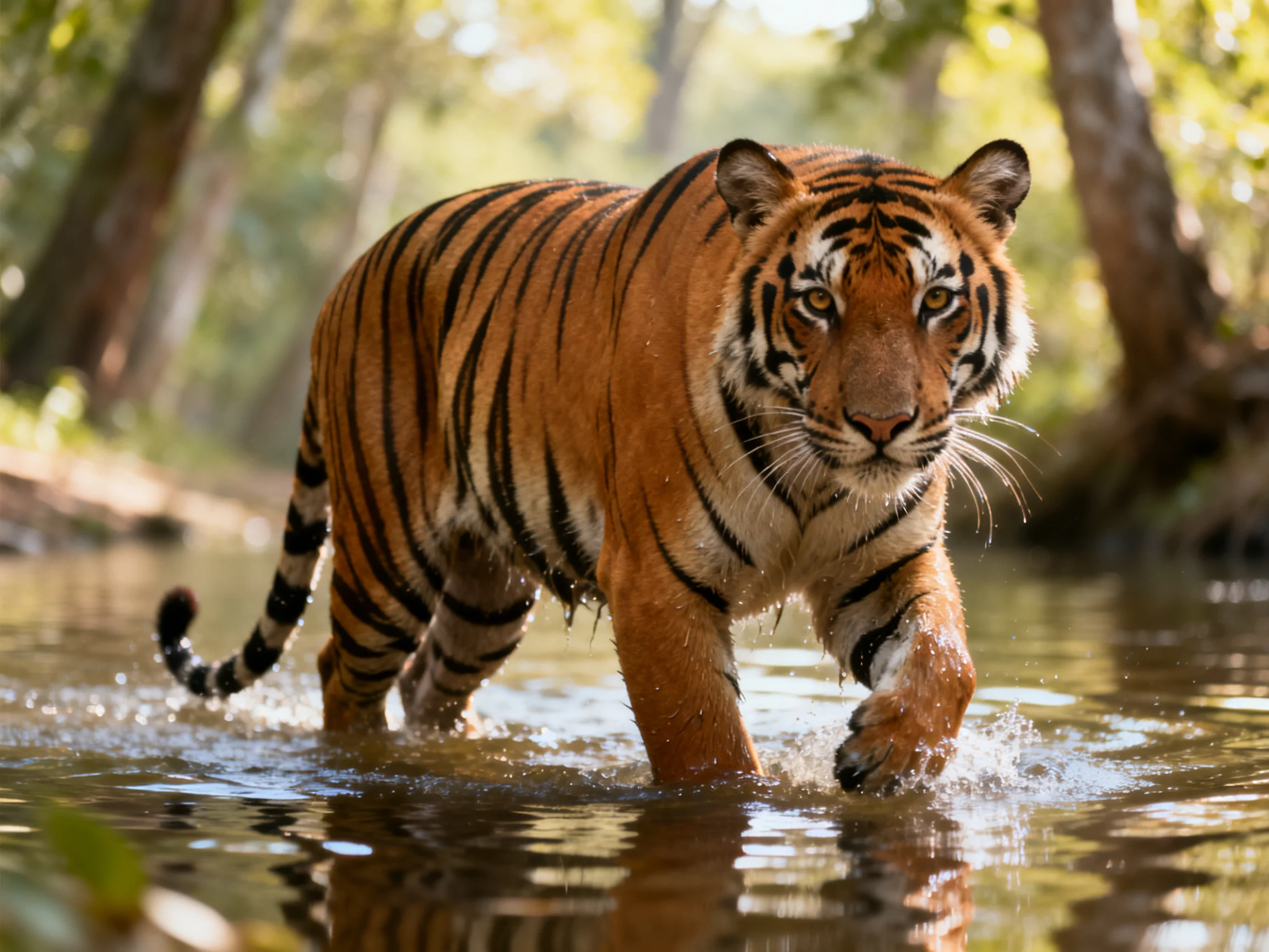 An orange tiger with black stripes walks through shallow water in a forested area.