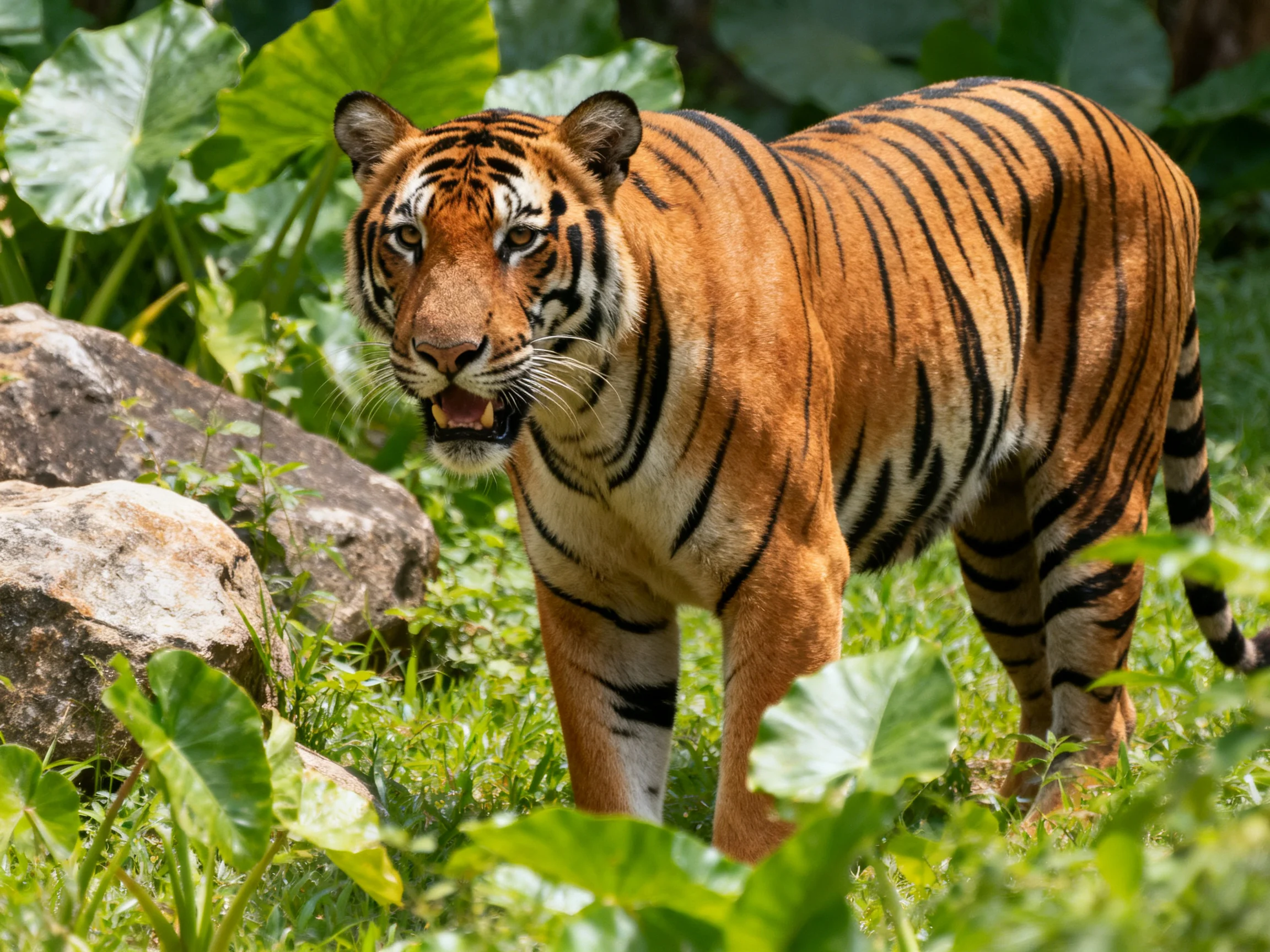 A majestic orange tiger with bold black stripes amid lush green foliage