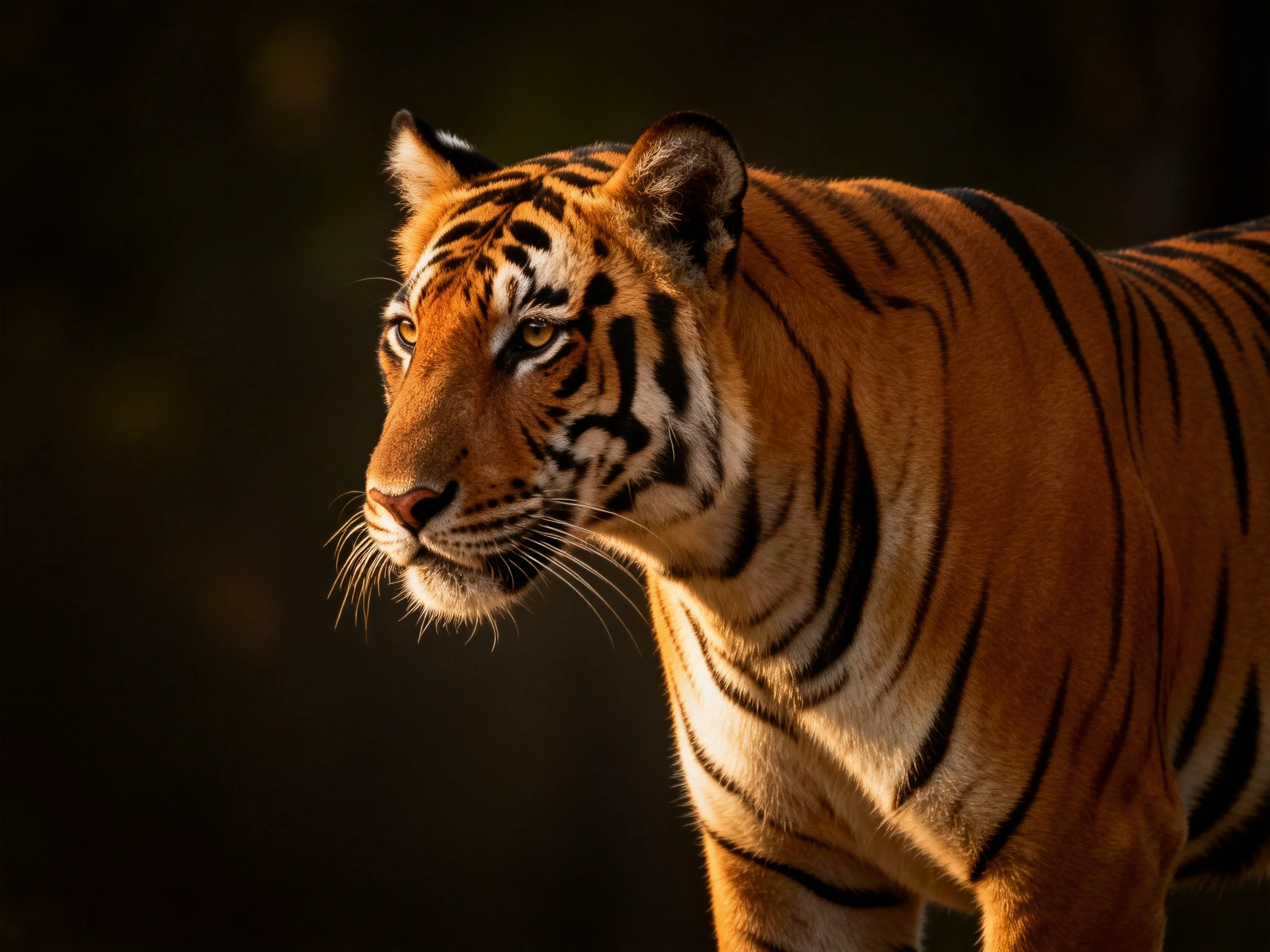 A majestic orange tiger with bold black stripes in a dark environment