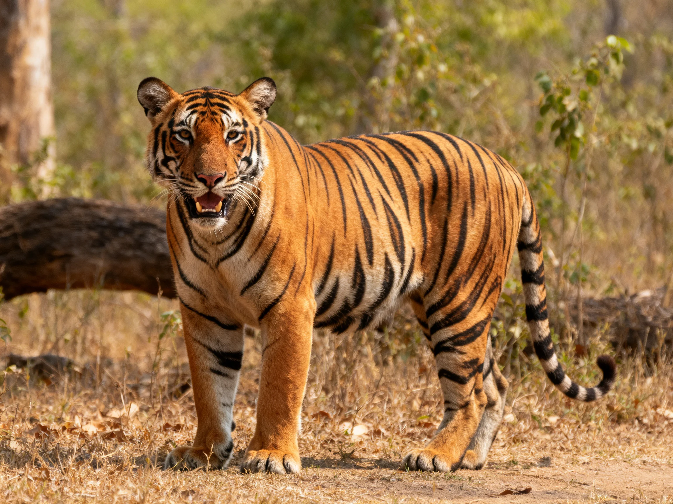 A majestic orange tiger with bold black stripes in a dry forest