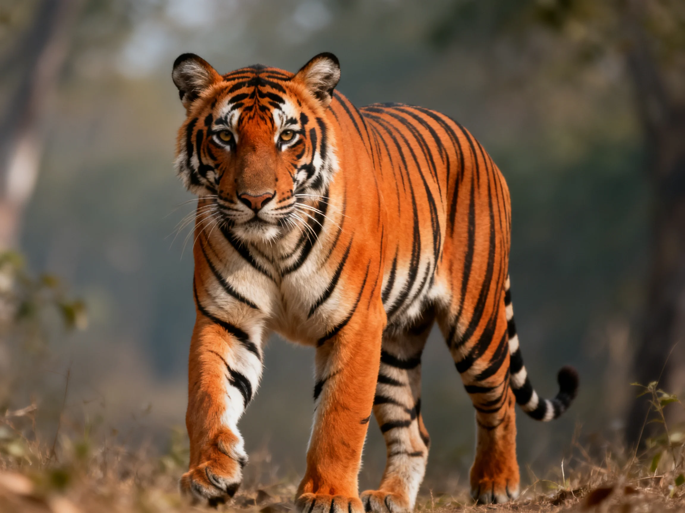 A majestic orange tiger with bold black stripes in a forest