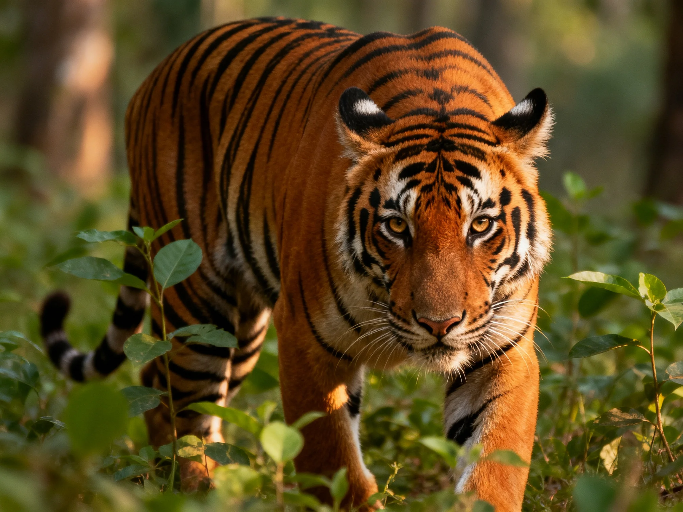 A majestic orange tiger with bold black stripes in a lush forest