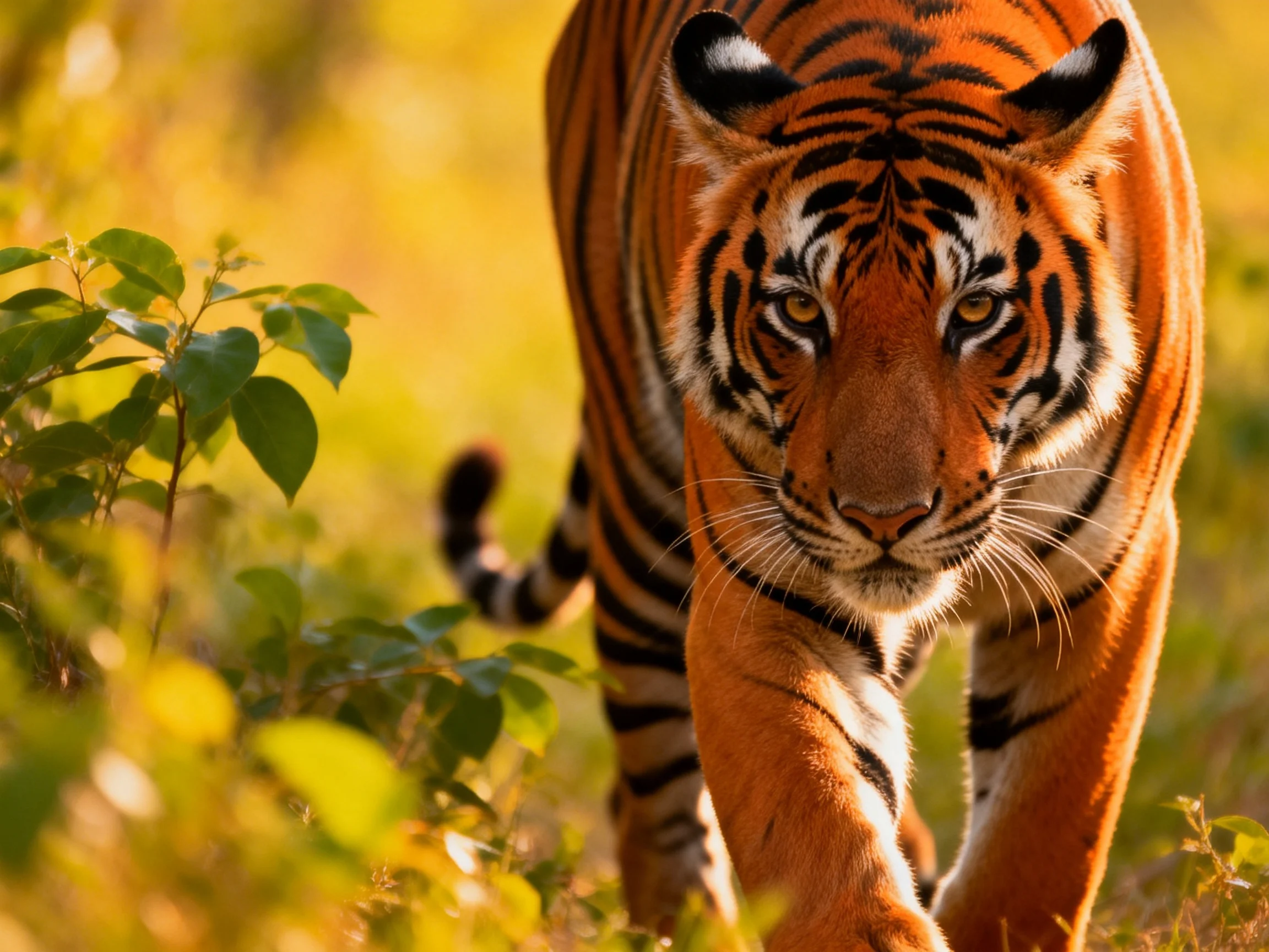 A majestic orange tiger with bold black stripes in a sun-drenched natural setting