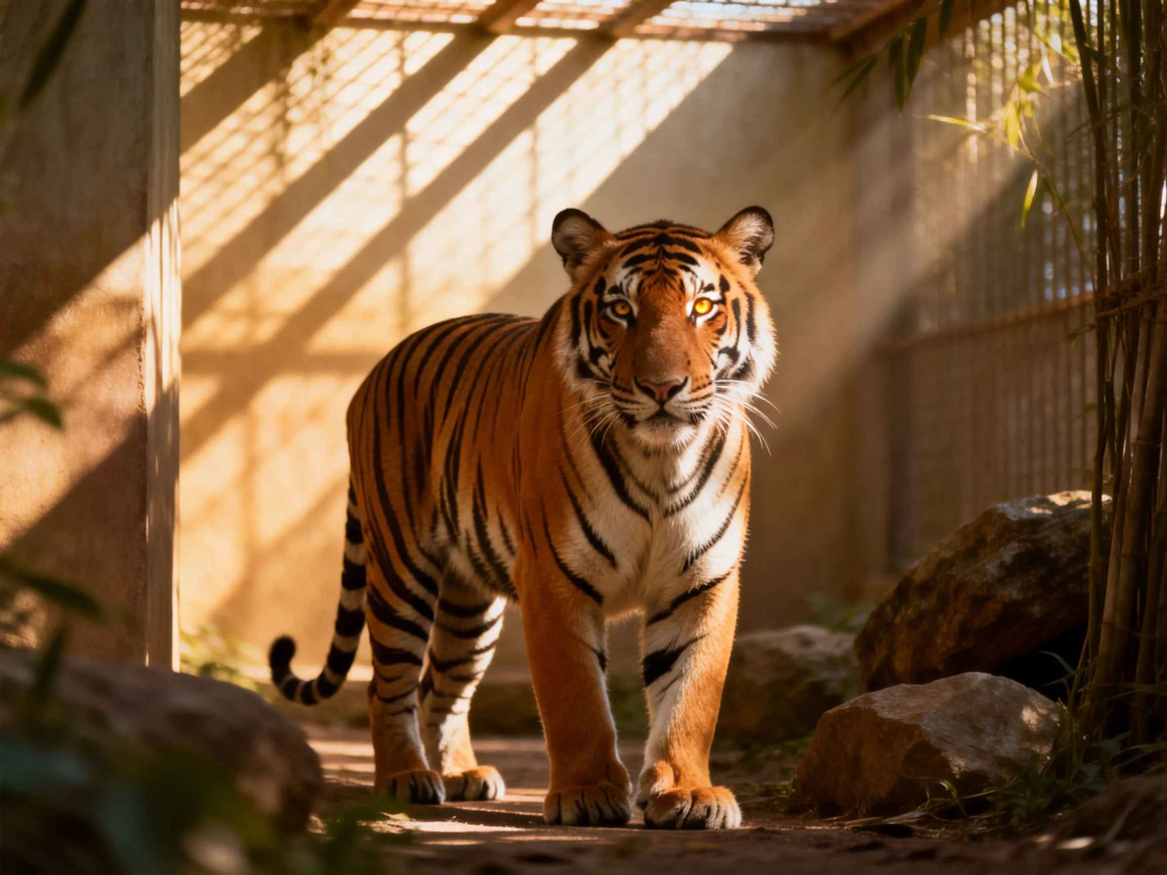 A majestic orange tiger with bold black stripes in a sunlit enclosure