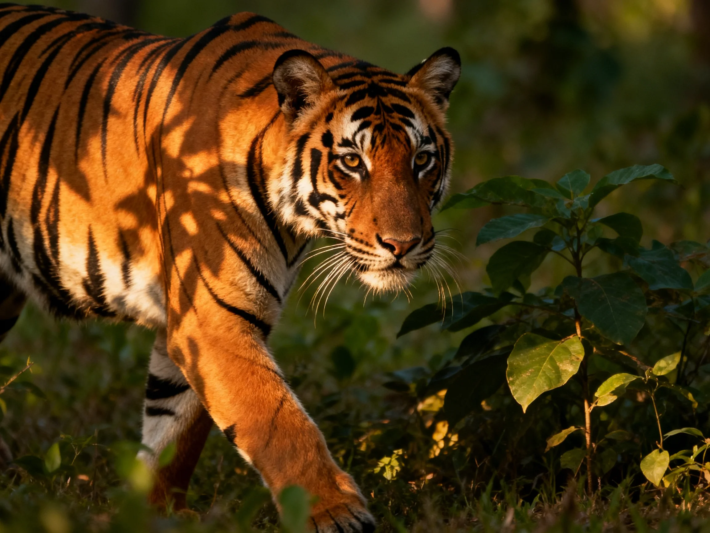 A majestic orange tiger with bold black stripes in a sunlit forest
