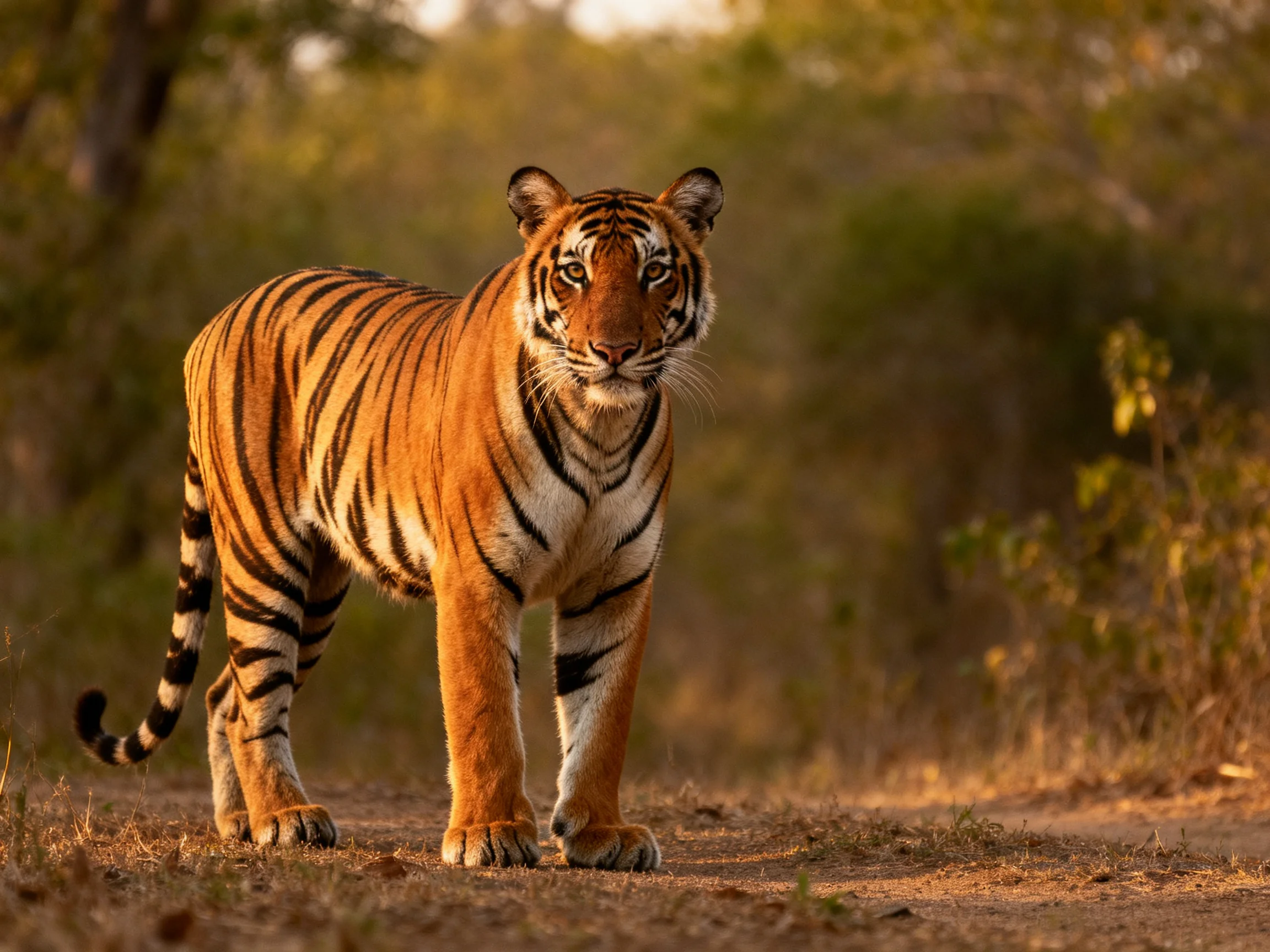 A majestic orange tiger with bold black stripes in a sunlit forest