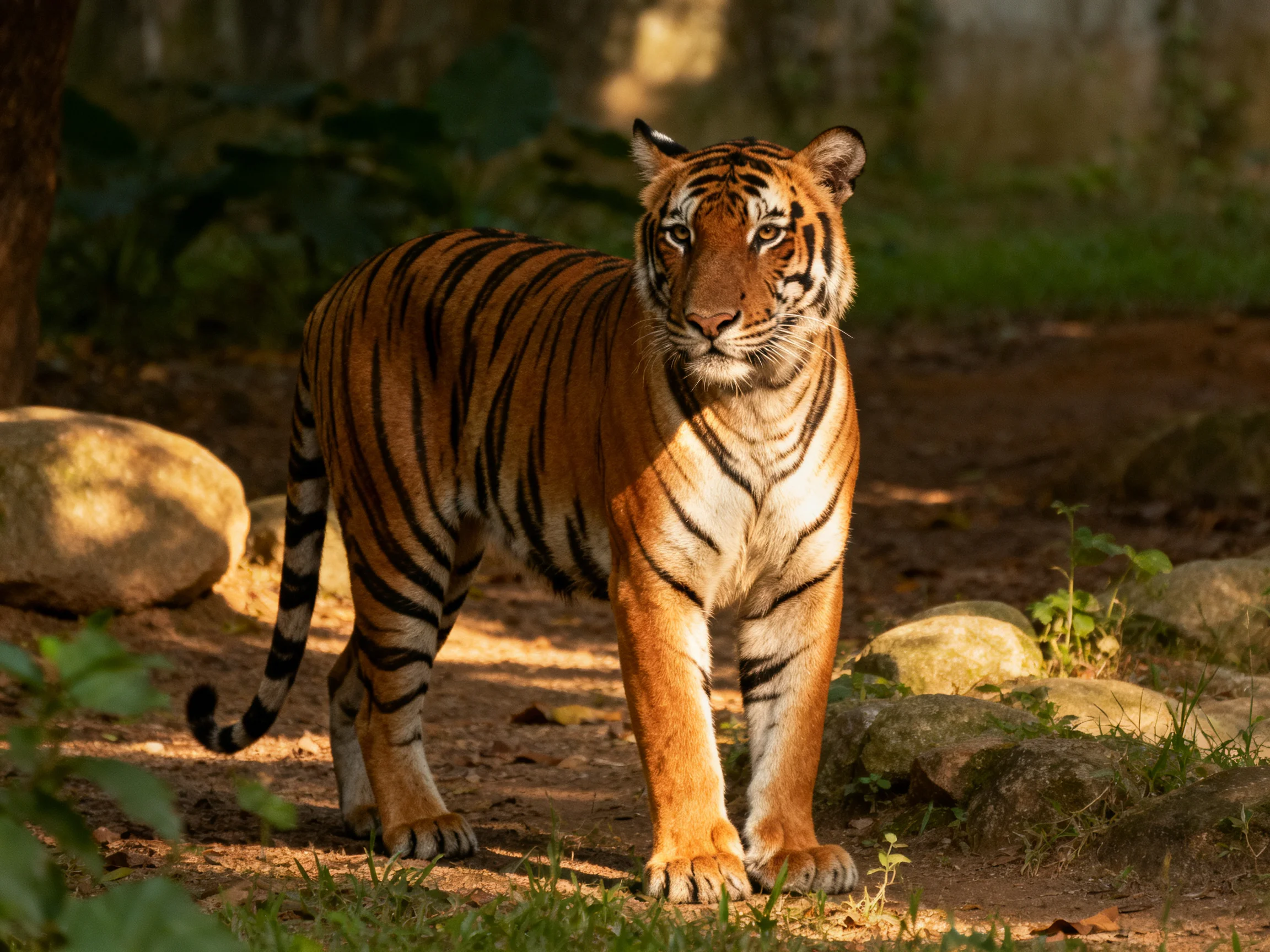 A majestic orange tiger with bold black stripes in a sunlit forest clearing