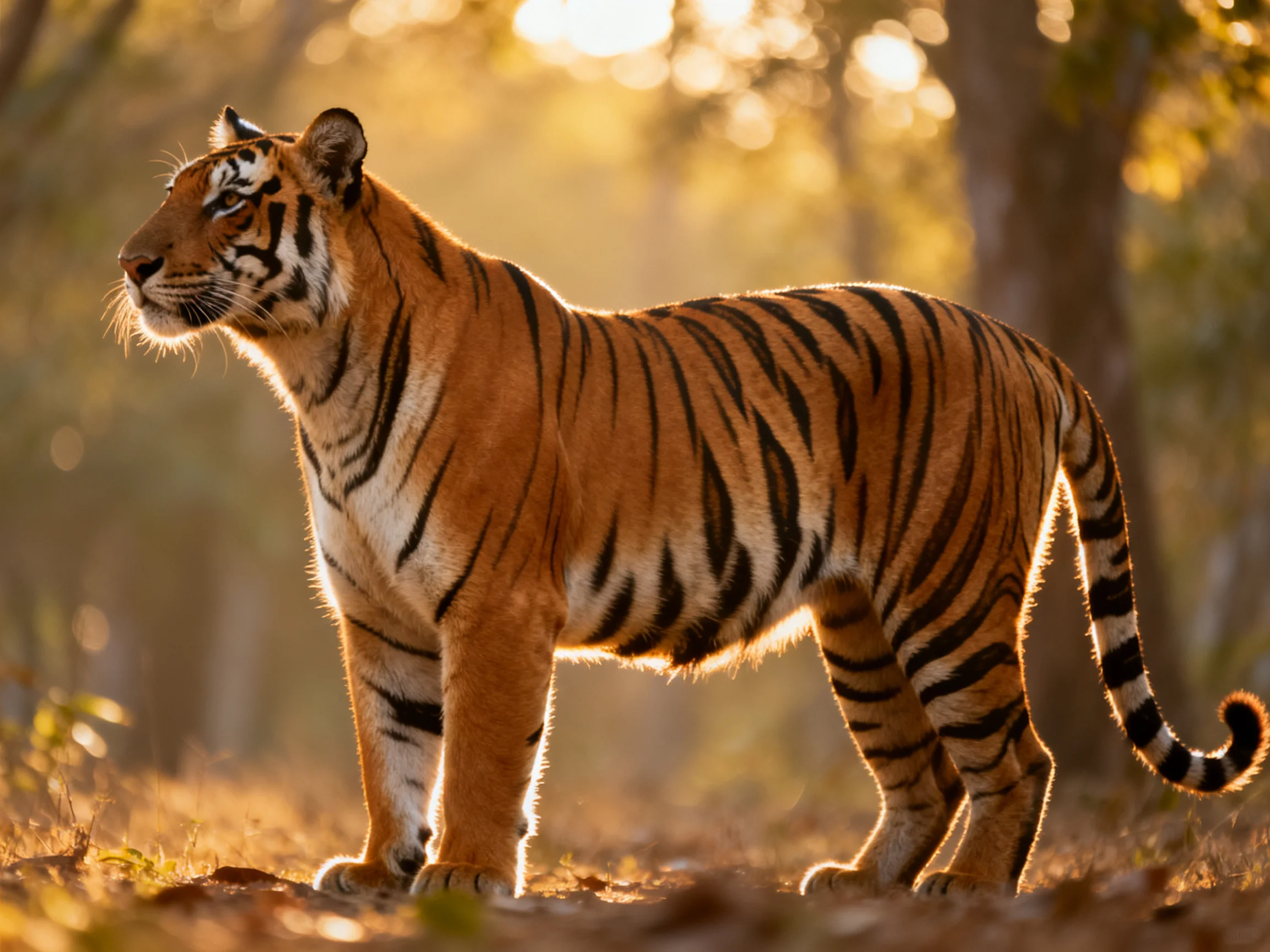 A majestic orange tiger with bold black stripes in a sunlit forest