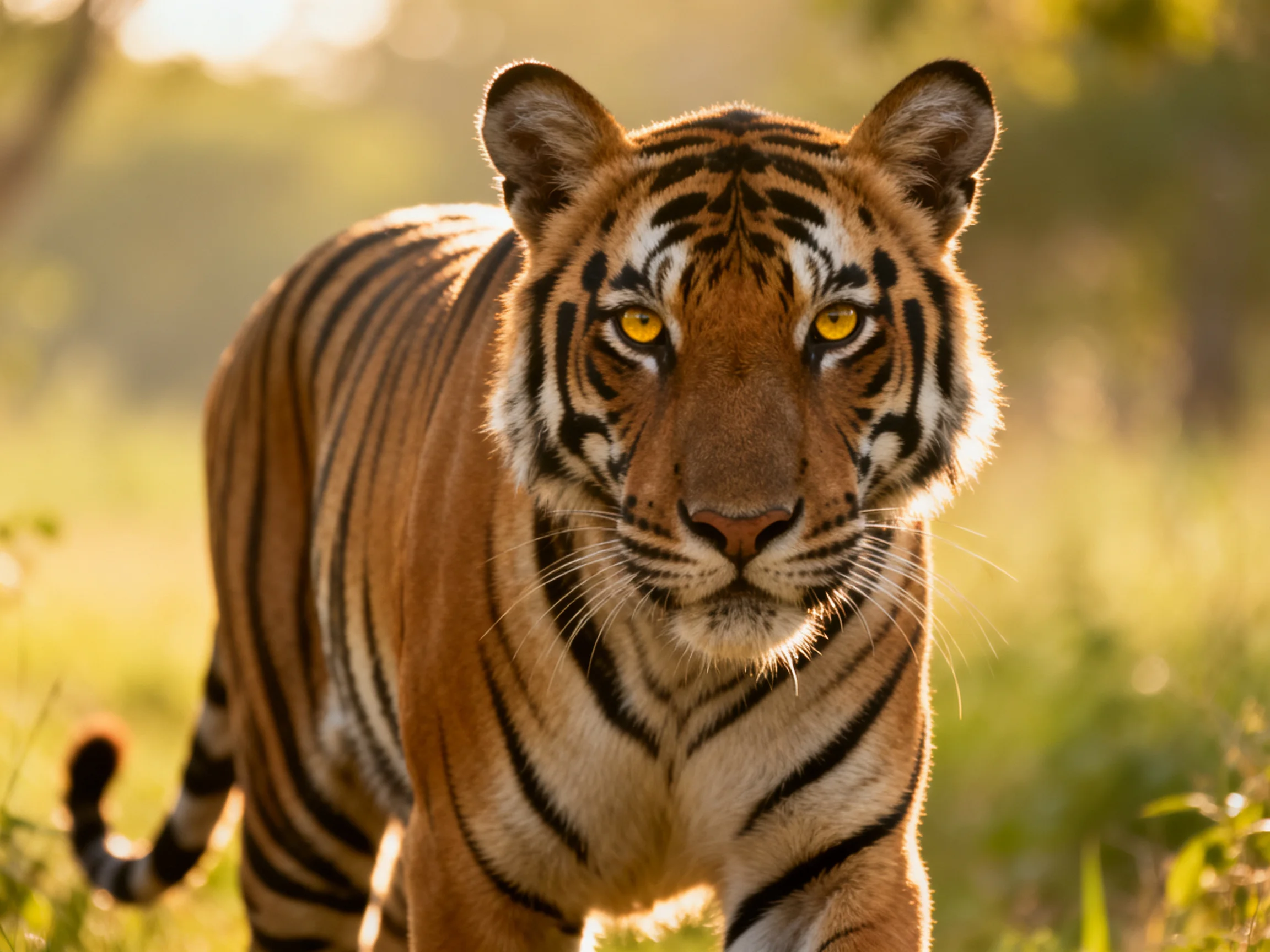 A majestic orange tiger with bold black stripes in a sunlit forest