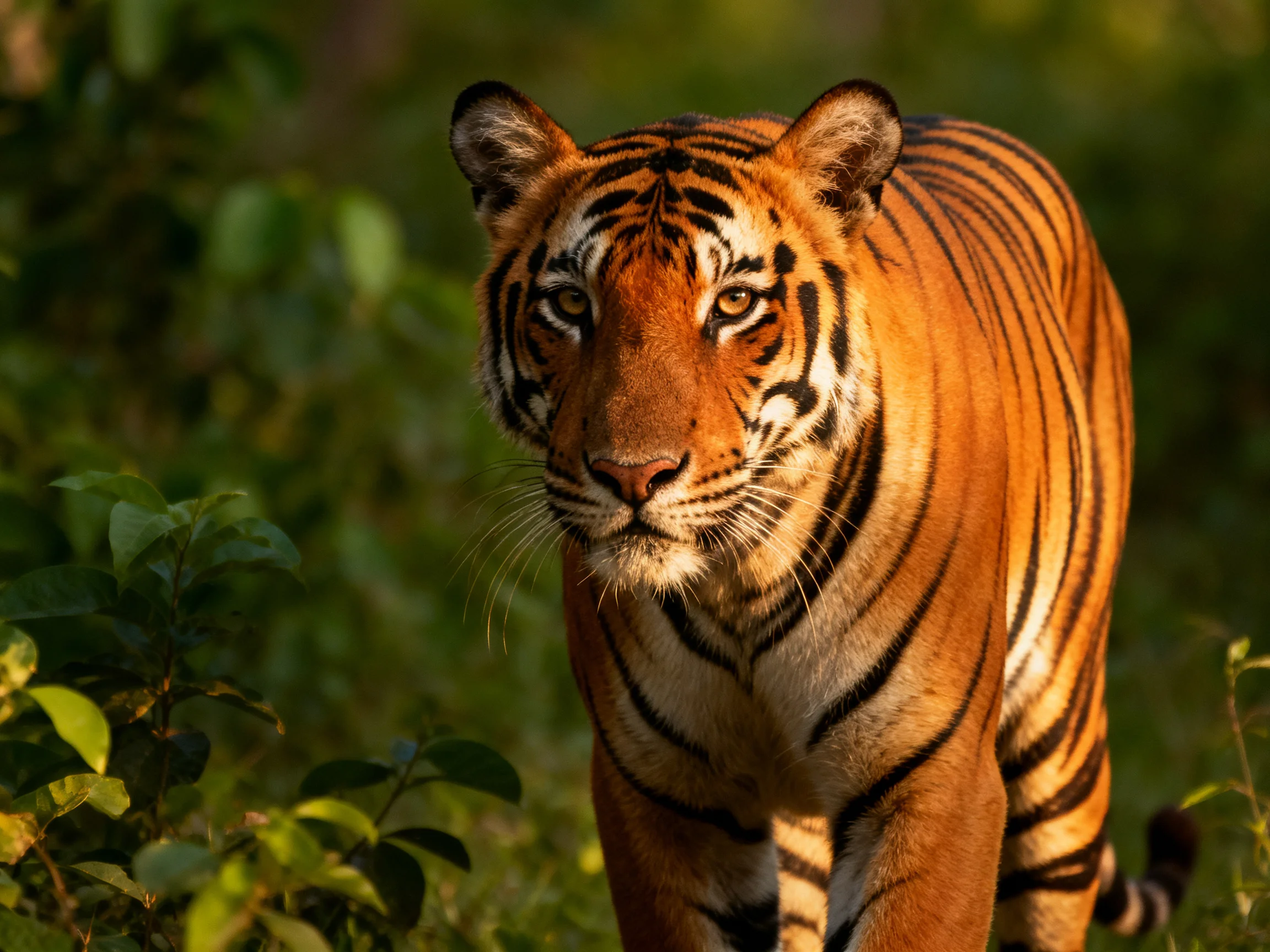 A majestic orange tiger with bold black stripes in lush green foliage