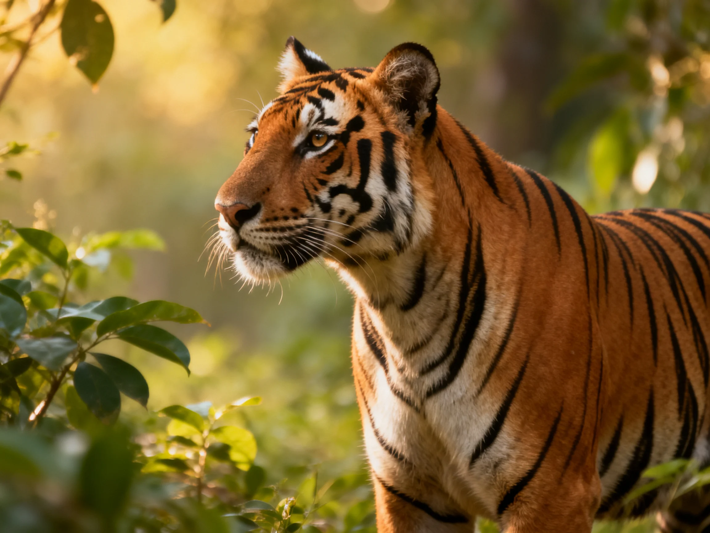 A majestic orange tiger with bold black stripes in lush green foliage