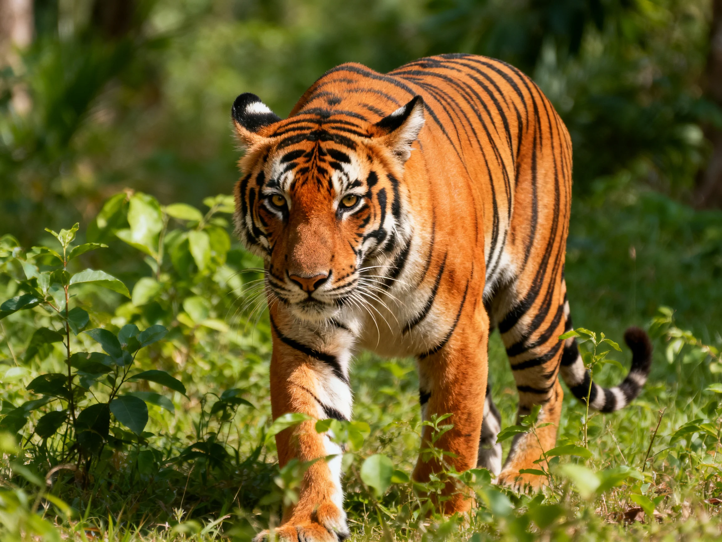 A majestic orange tiger with bold black stripes in lush greenery