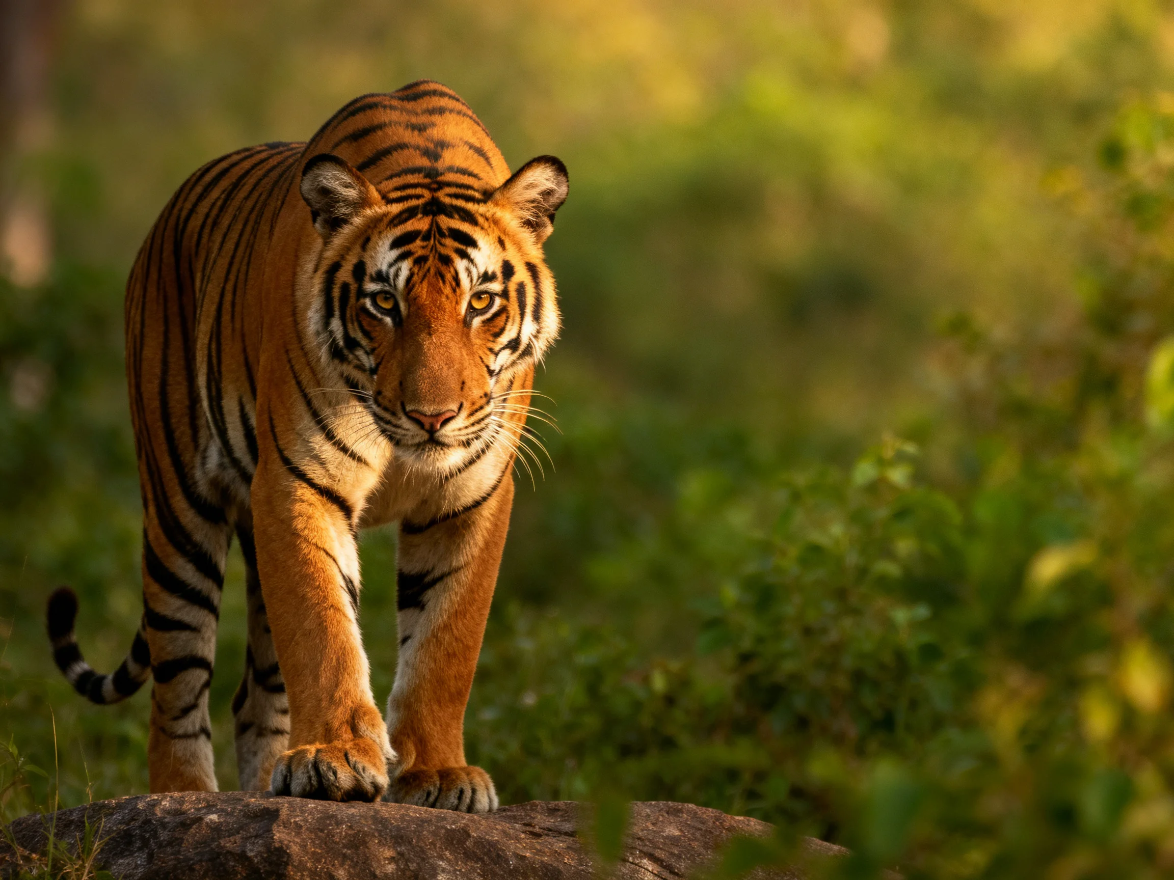 A majestic orange tiger with bold black stripes in lush greenery