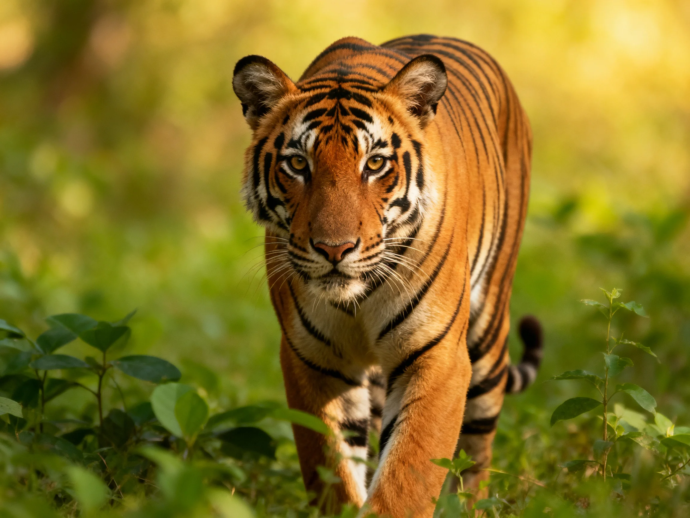 A majestic orange tiger with bold black stripes in lush greenery