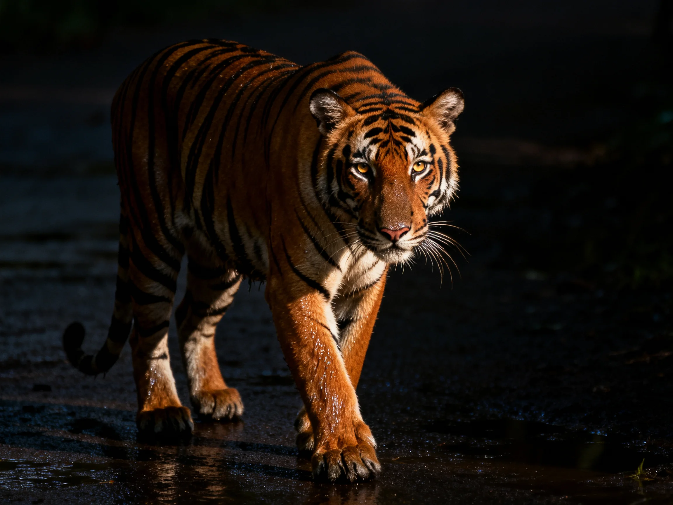 A majestic orange tiger with bold black stripes moves through a dim setting