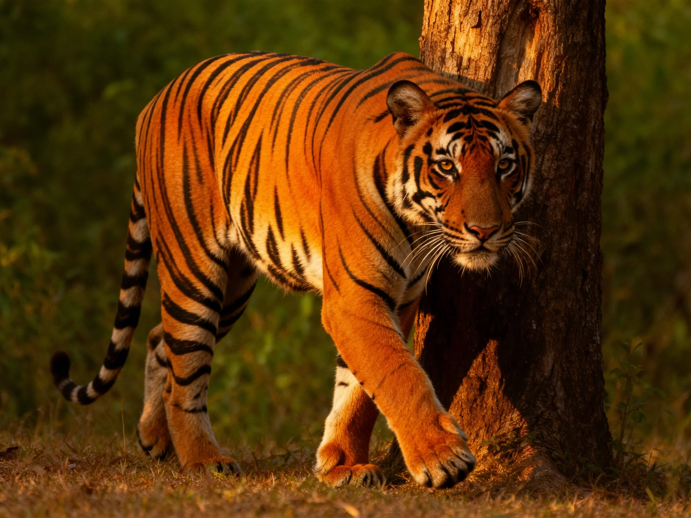 A majestic orange tiger with bold black stripes near a tree trunk