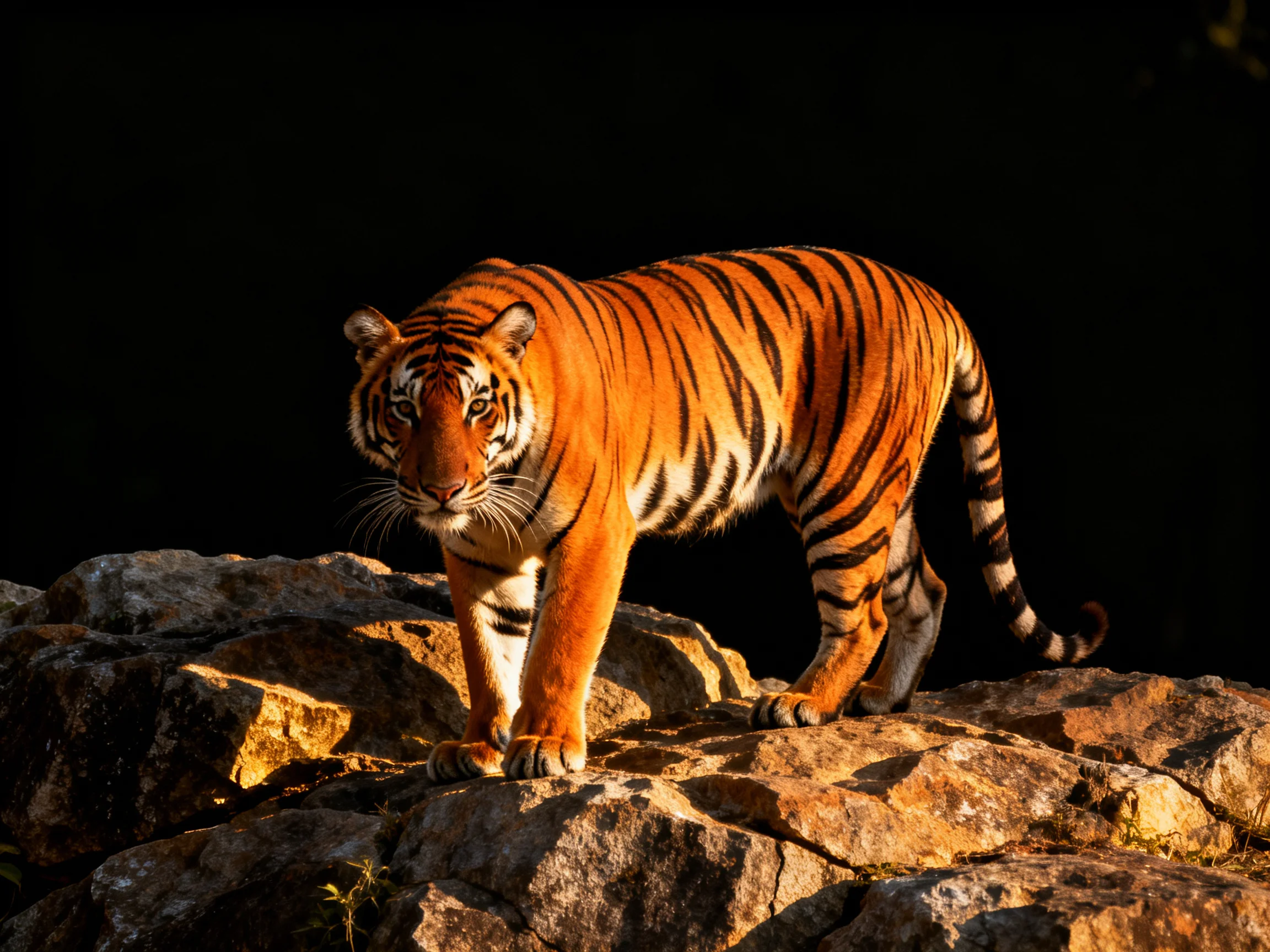 A majestic orange tiger with bold black stripes on rugged brown rocks