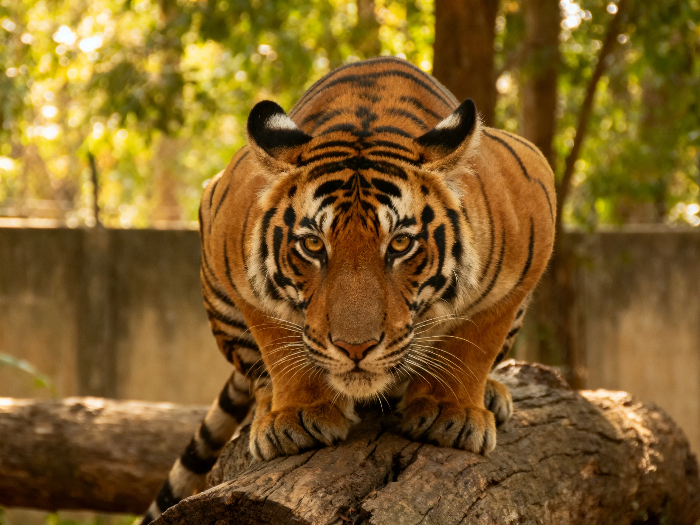A majestic orange tiger with bold black stripes perched on a weathered log