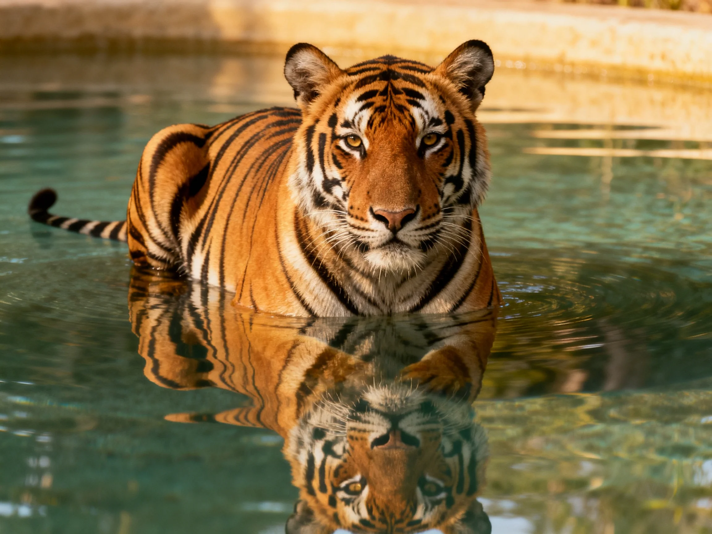 A majestic orange tiger with bold black stripes relaxes in calm turquoise water