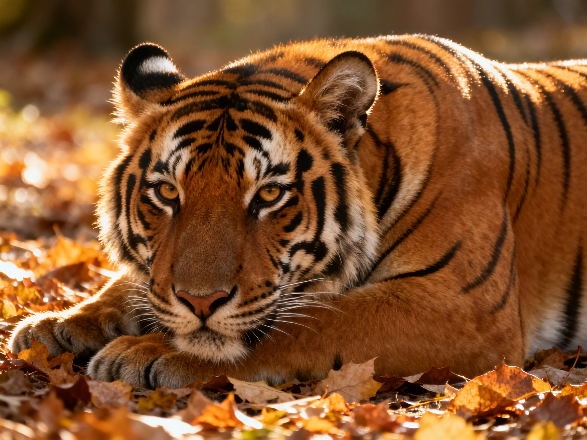 A majestic orange tiger with bold black stripes rests among autumn leaves
