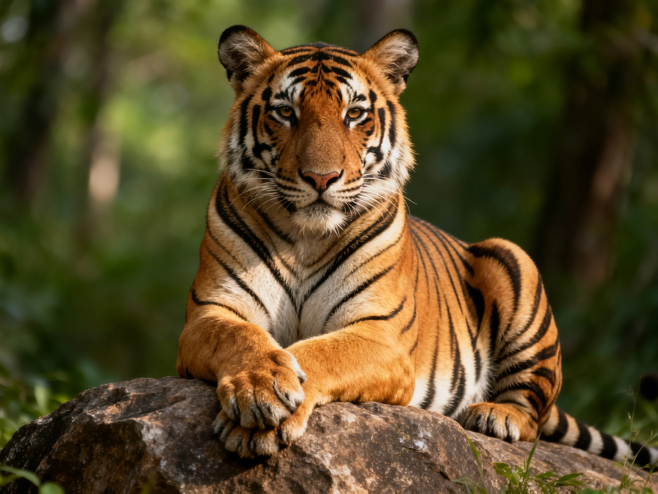 A majestic orange tiger with bold black stripes rests atop a large rock in a lush forest