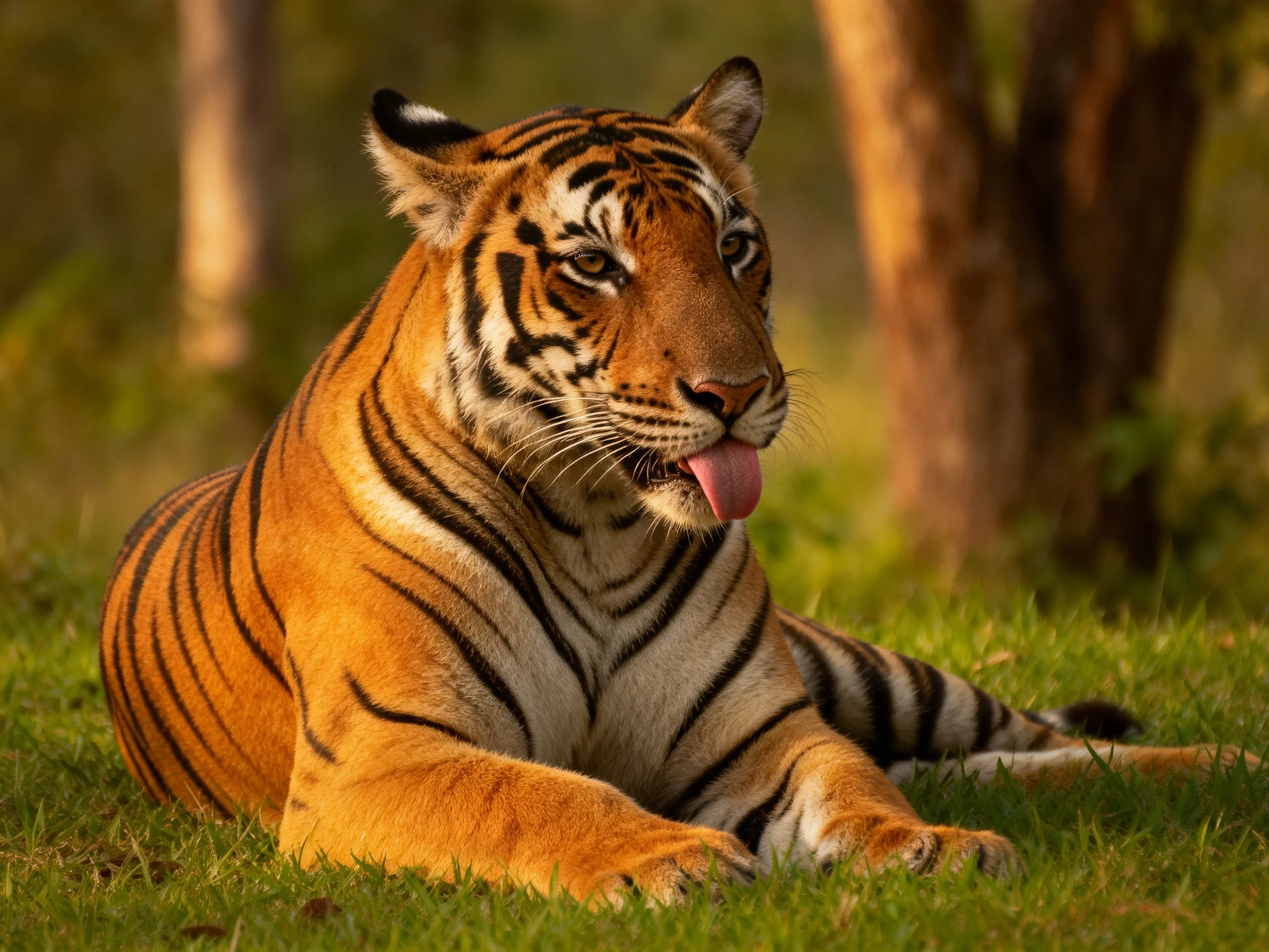 A majestic orange tiger with bold black stripes rests on green grass near trees