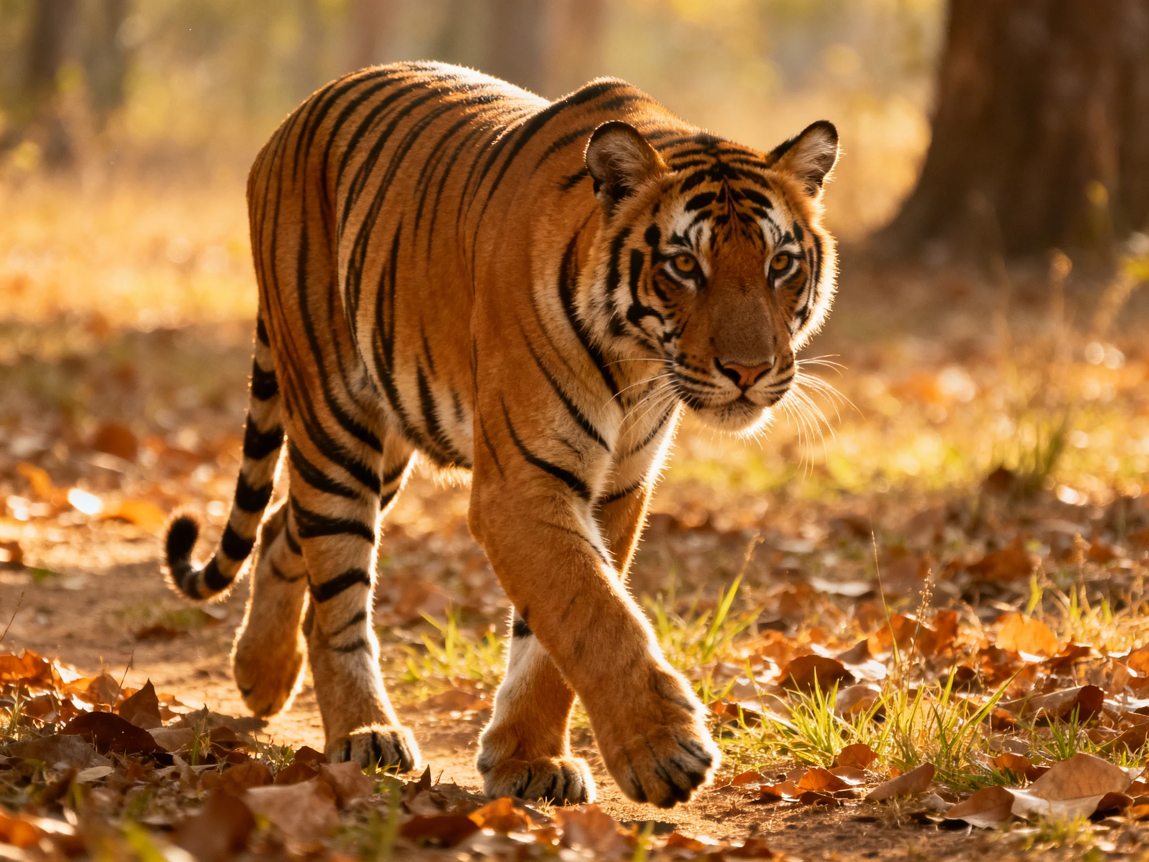 A majestic orange tiger with bold black stripes roams a sunlit forest path