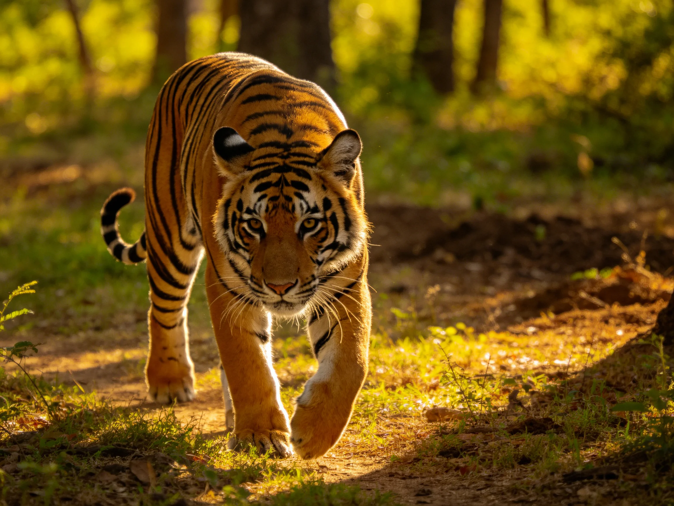 A majestic orange tiger with bold black stripes roams a sunlit forest trail