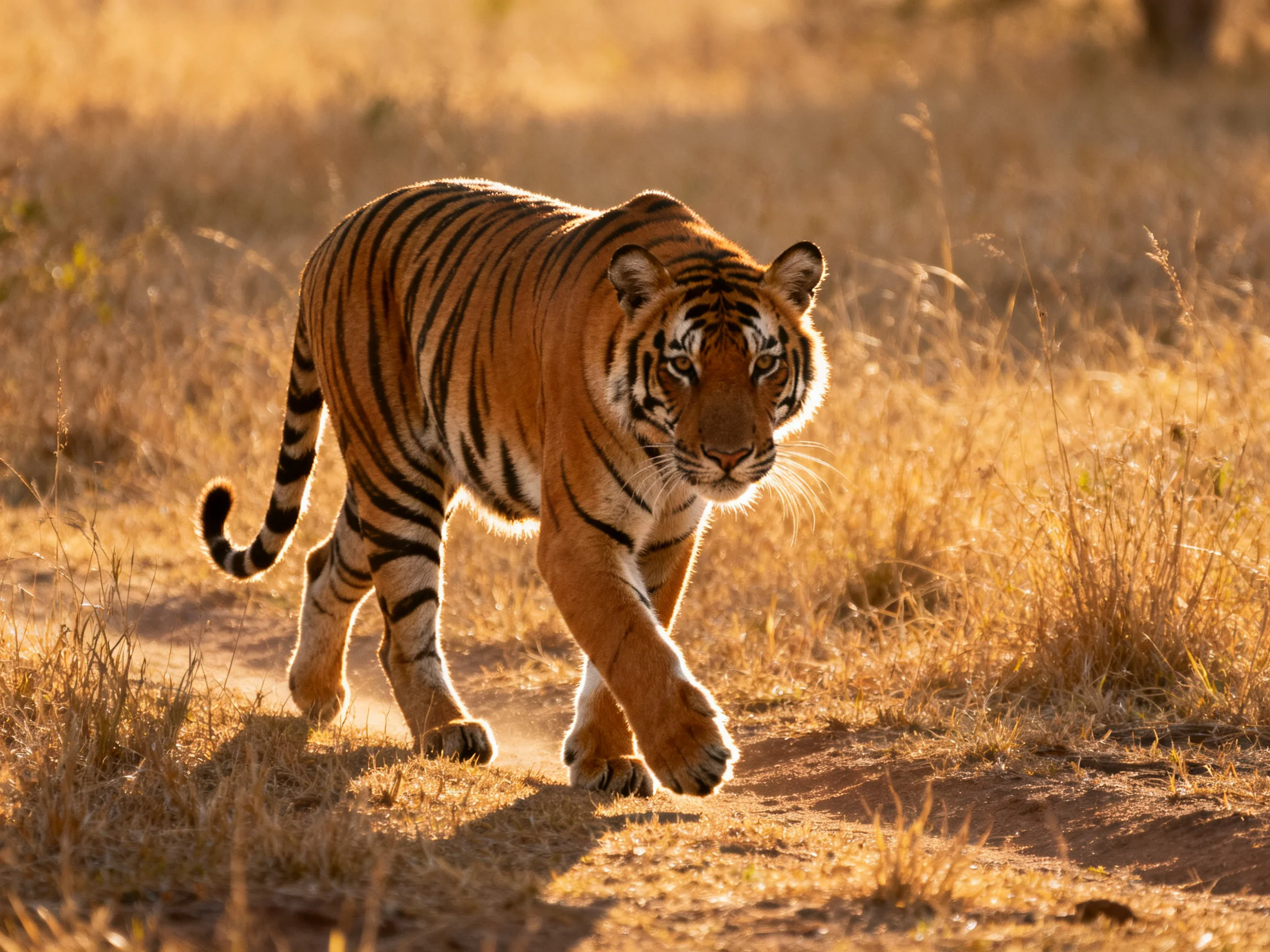A majestic orange tiger with bold black stripes roams golden dry grasslands