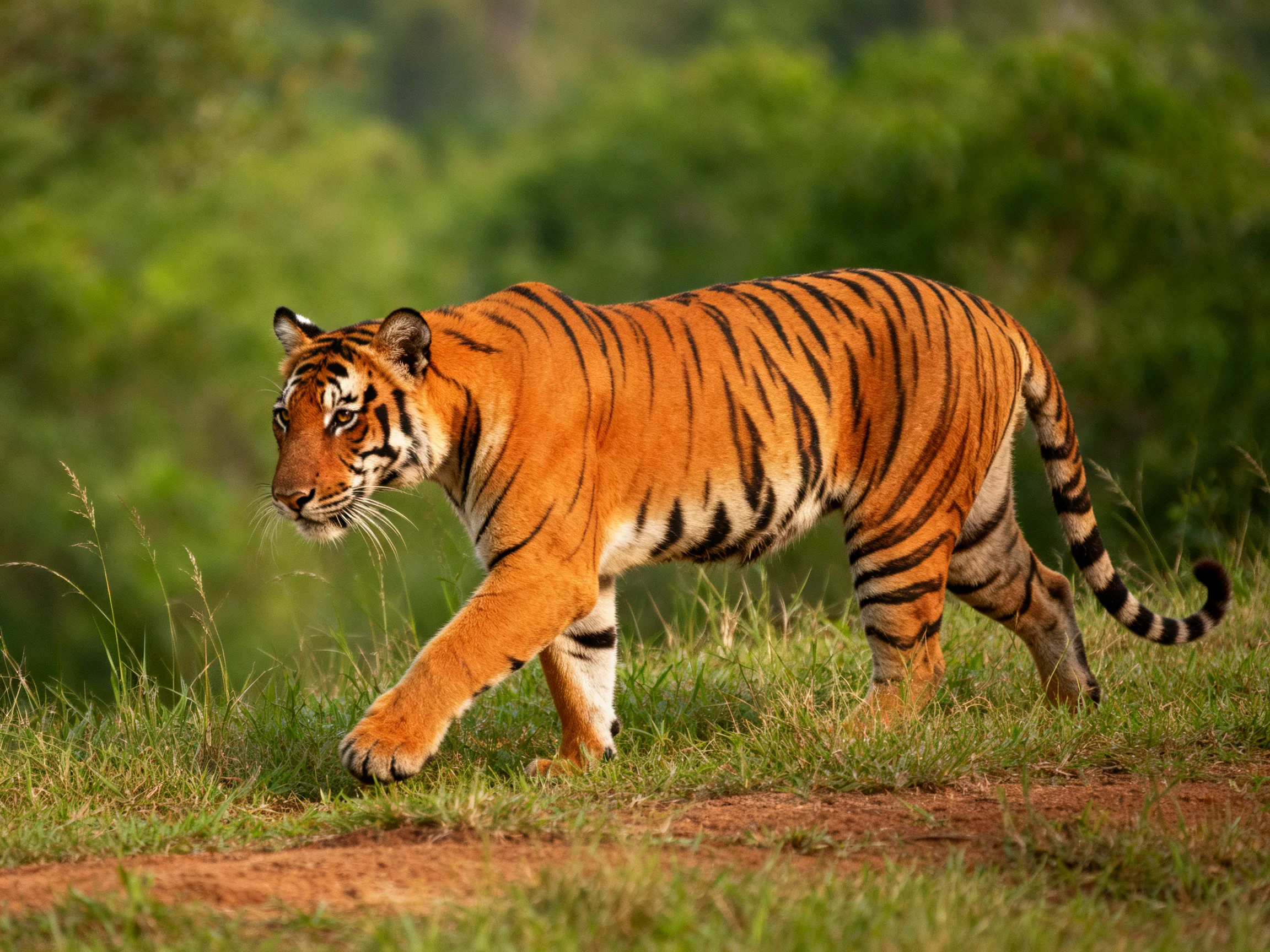 A majestic orange tiger with bold black stripes roams lush green terrain
